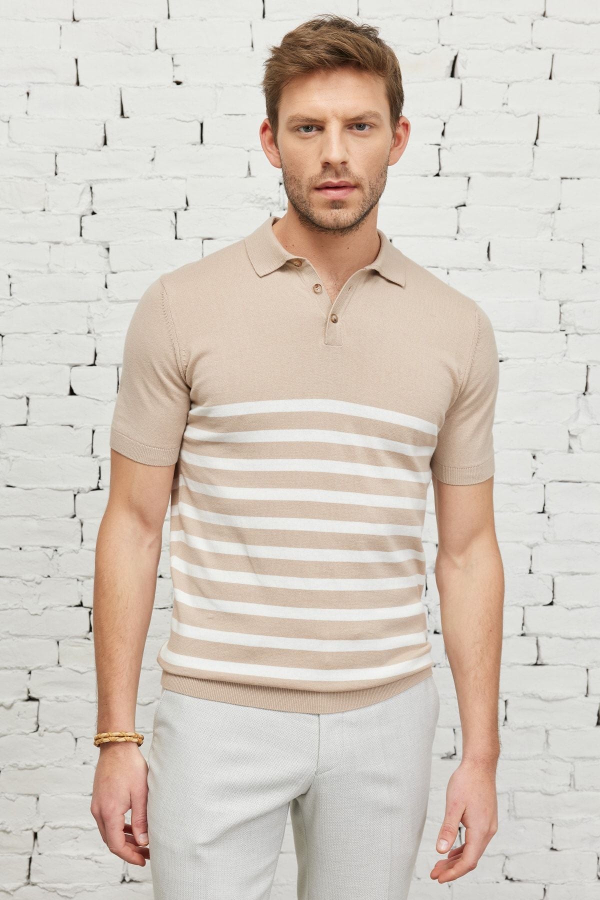 Men's Sizon-Ekru Standard Fit Normal Cut Polo Yaka 100 %Cotton Short Sleeve striped knitwear T-shirt