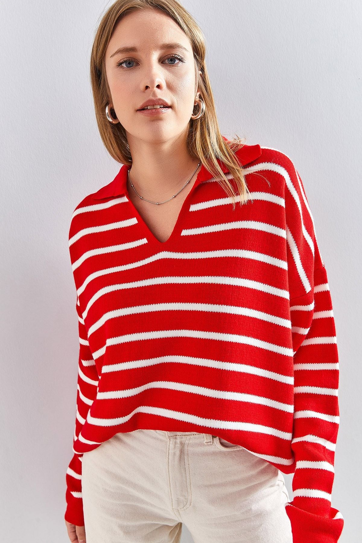 Woman Polo Yaka Striped Oversize Knitwear Sweater