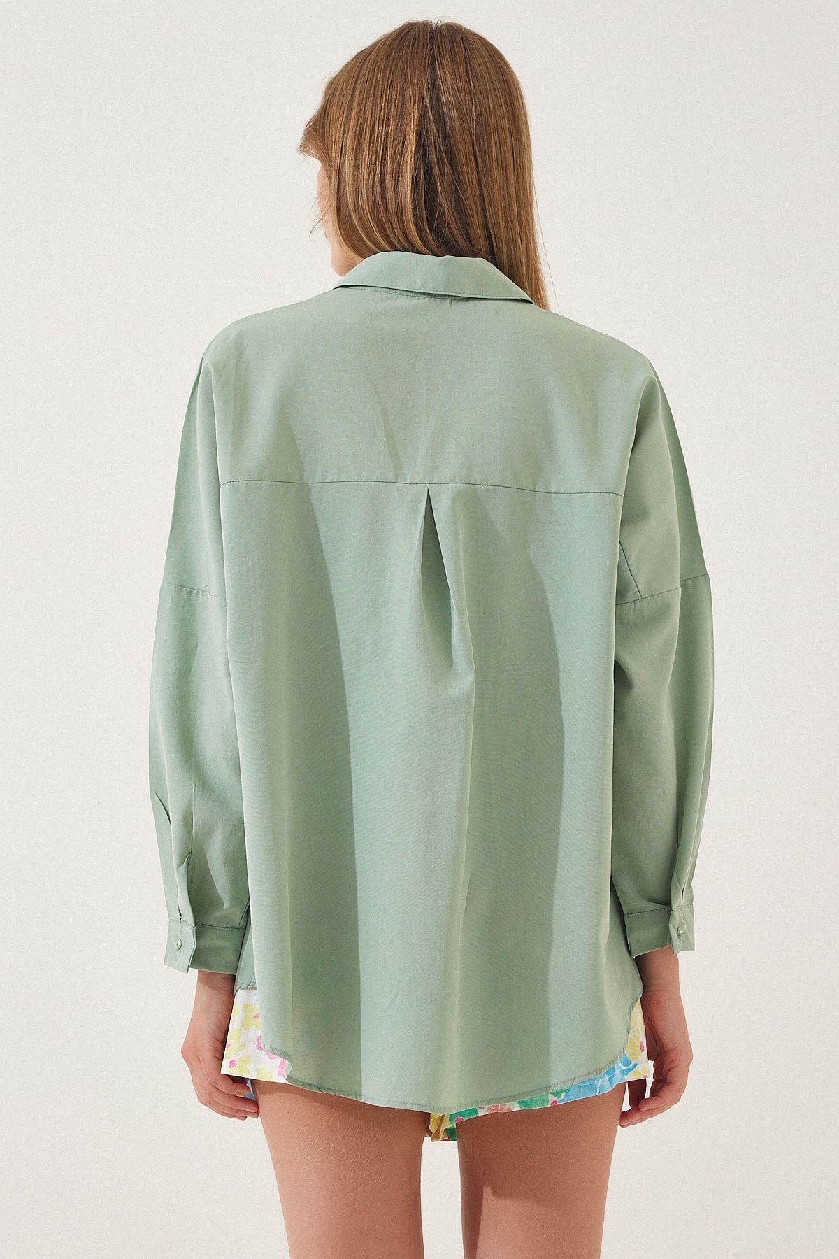 Woman Open Cagla Green Oversize Long Basic Shirt DD00842