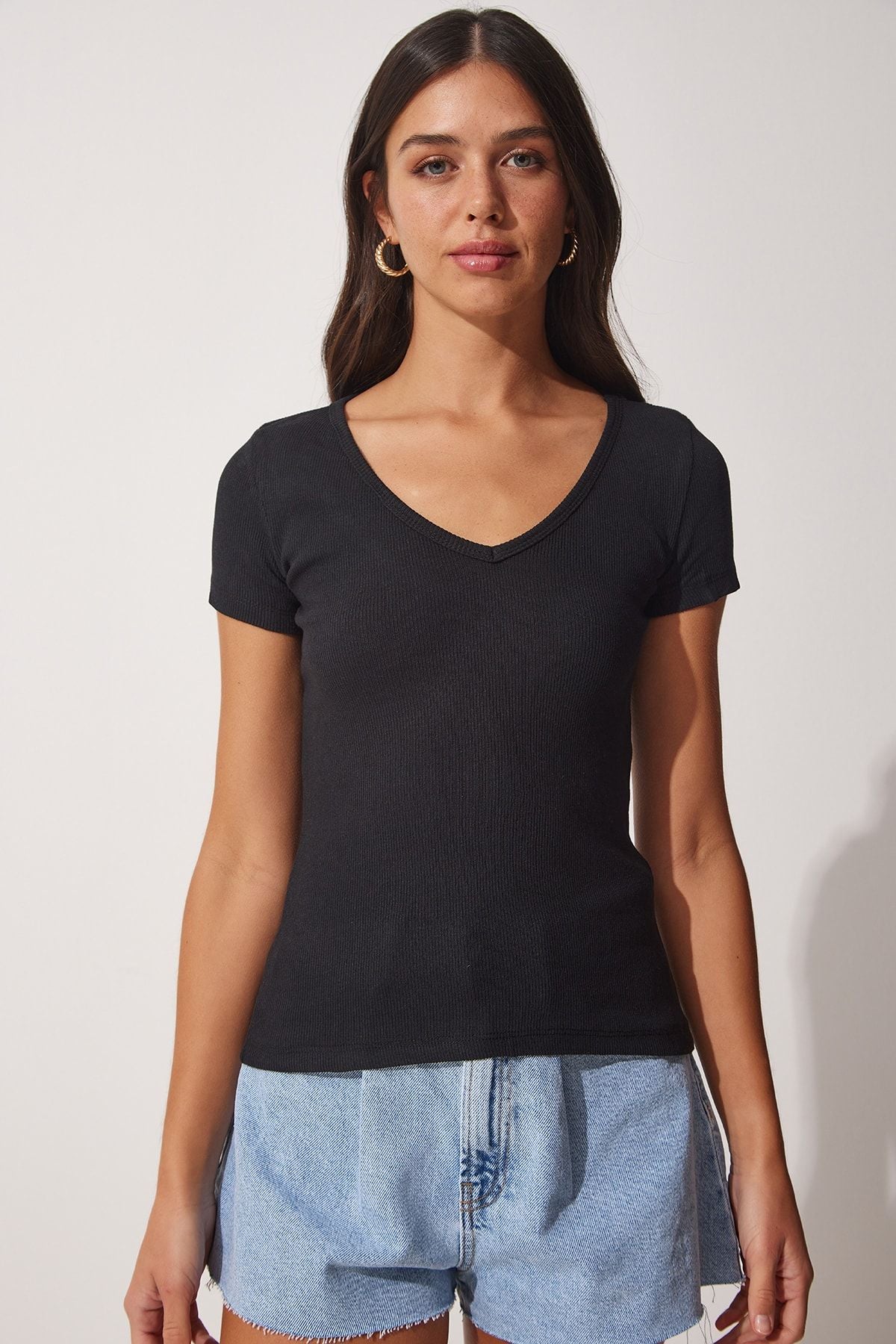 Woman Black V-Neck Knitting T-Shirt HJ00001