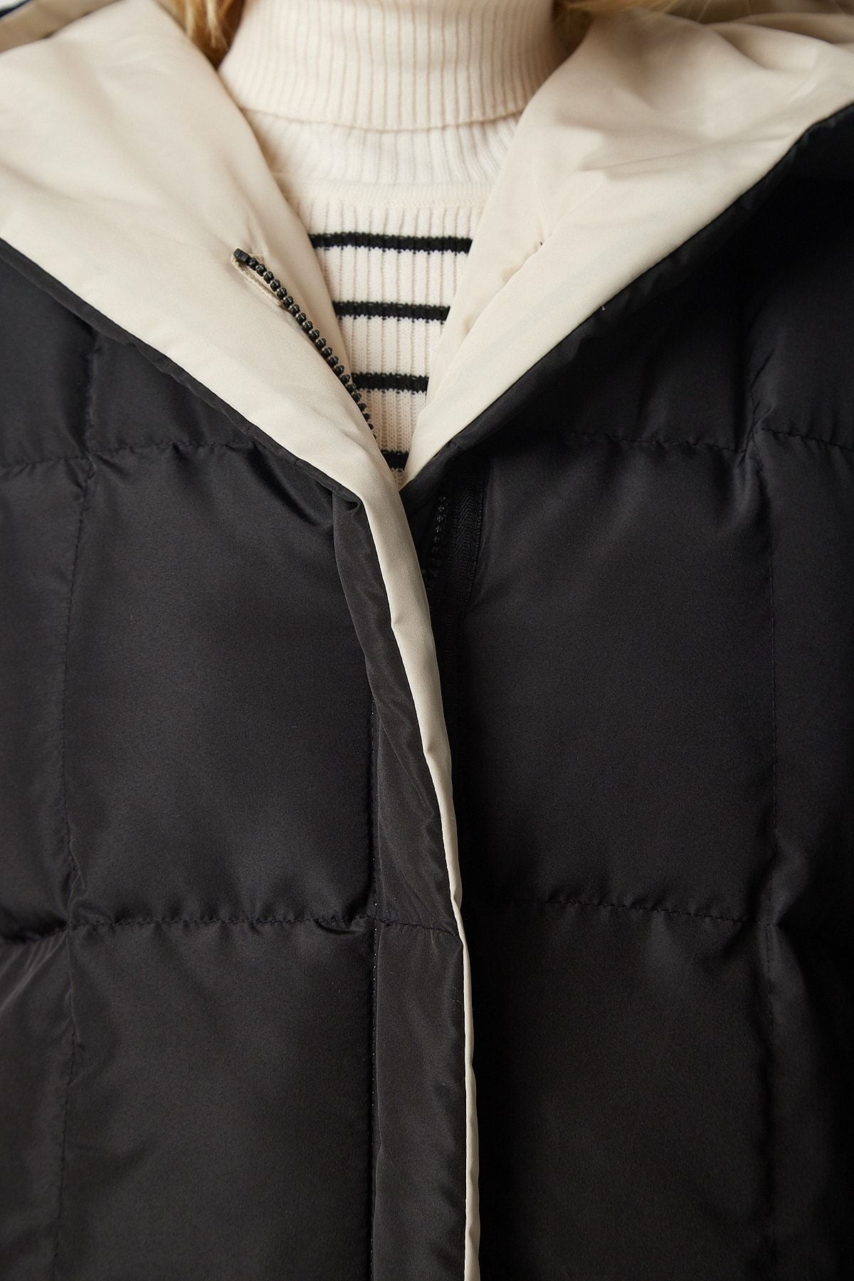 Female Black Cream Hooded Swelling Coat VP00005