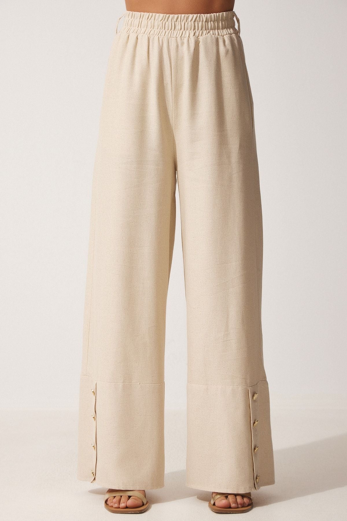 Women's Cream Stylish Button Detailed Linen Palazzo Trousers MX00095