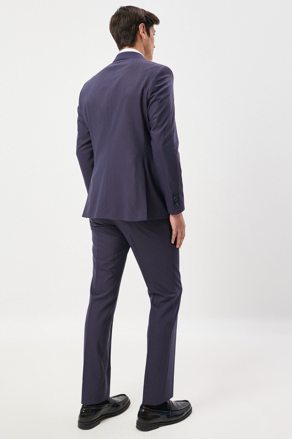 Men's navy blue slim fit narrow -cut swallow collar striped woolen suit