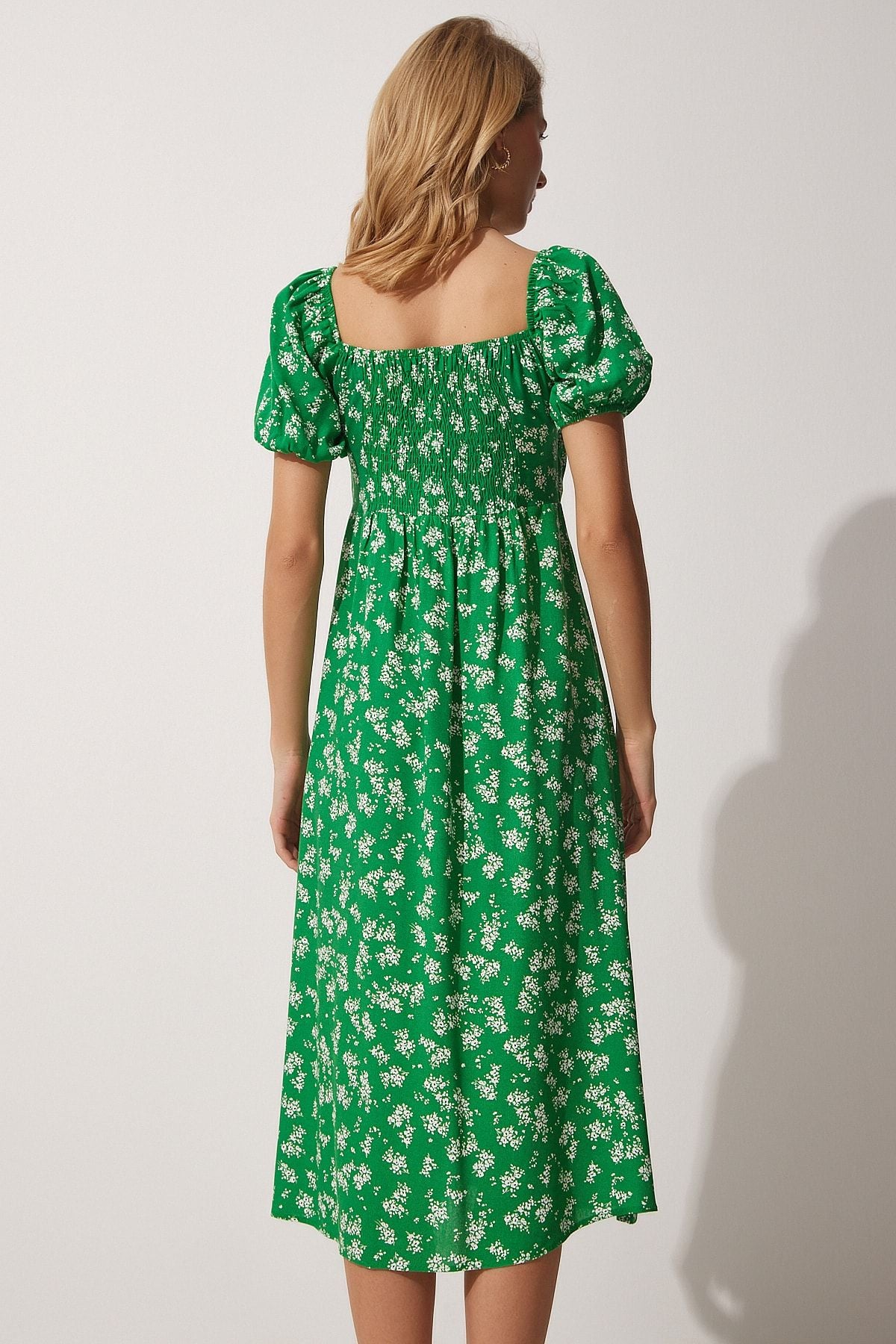 Female Green Carmen Yaka Floral Summer Viscose Dress DD01209