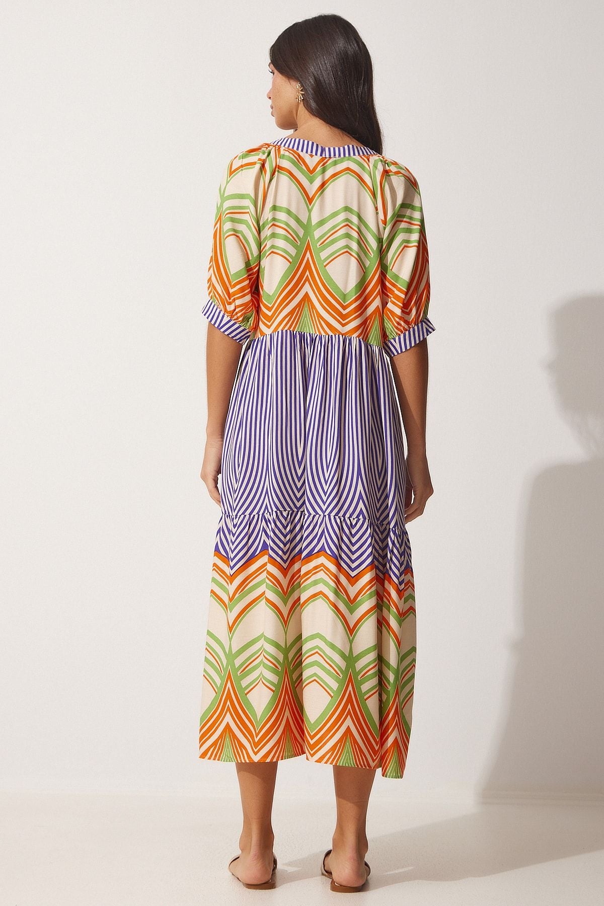 Female Green Orange Patterned V -Neck Summer Viscose Dress DD01215