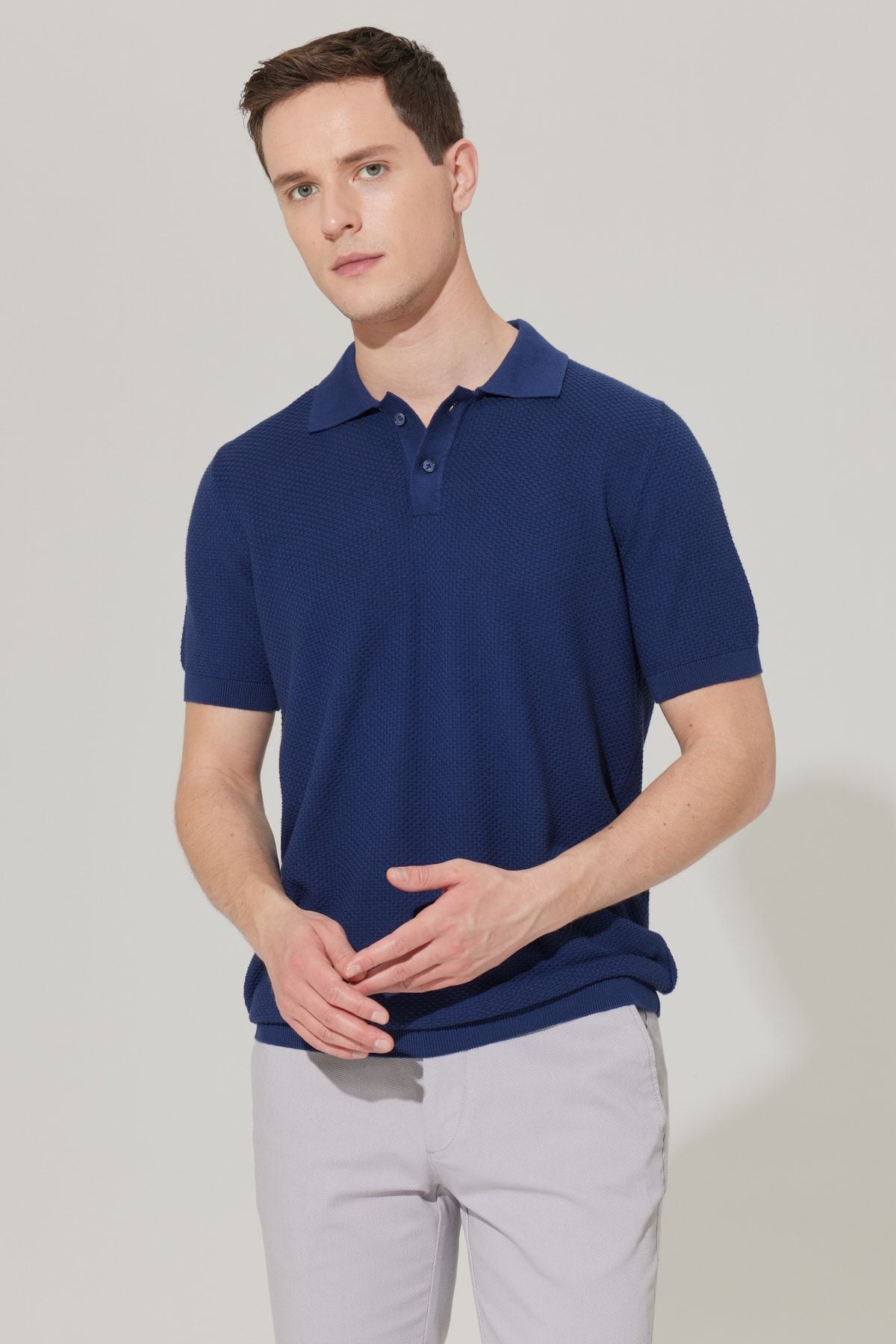 Men's Navy Blue Standard Fit Normal Cut Polo Yaka 100 %Cotton Short Sleeve Knitwear T -shirt