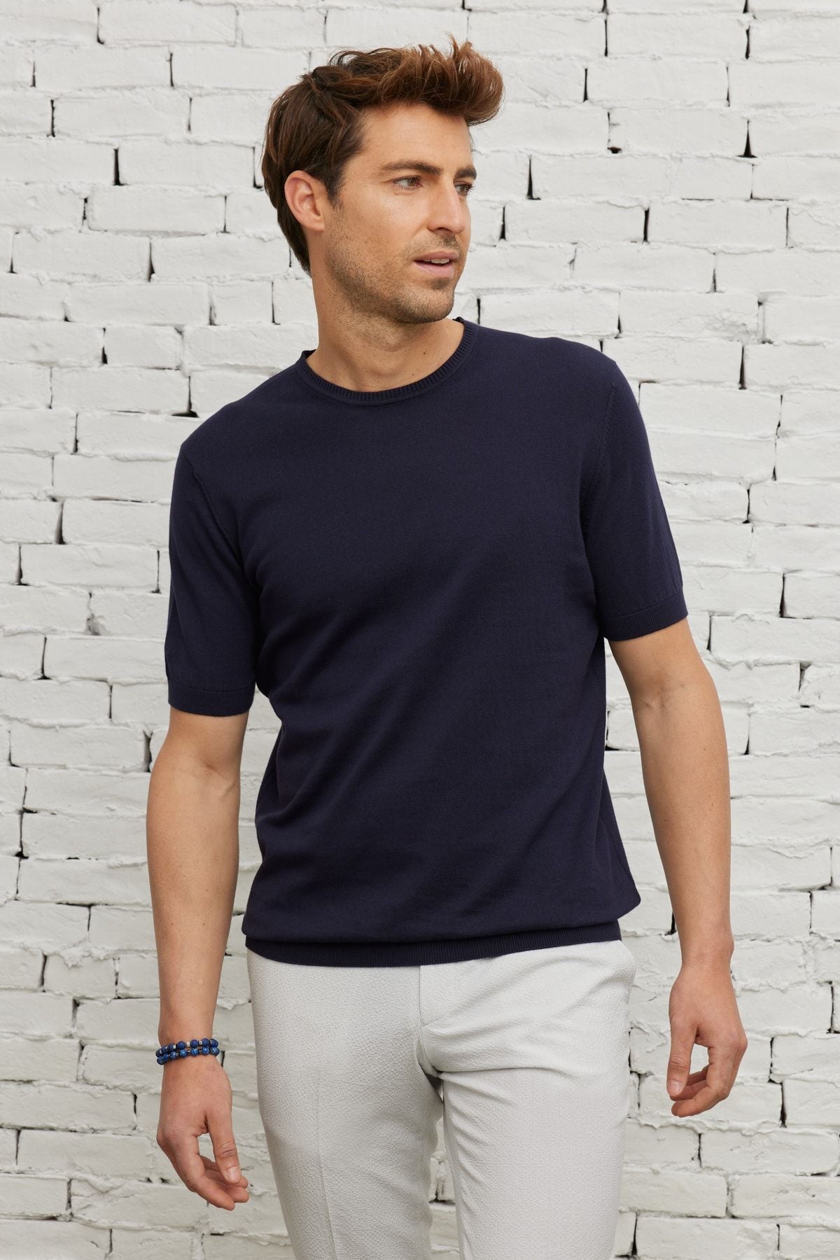 Men's navy blue standard fit normal cut bike collar 100 %cotton knitwear t -shirt