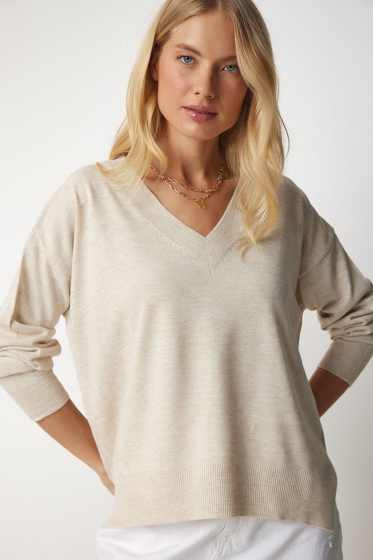 WOMEN'S CREAM V YAKA OVERSIZE knitwear sweater BV00082