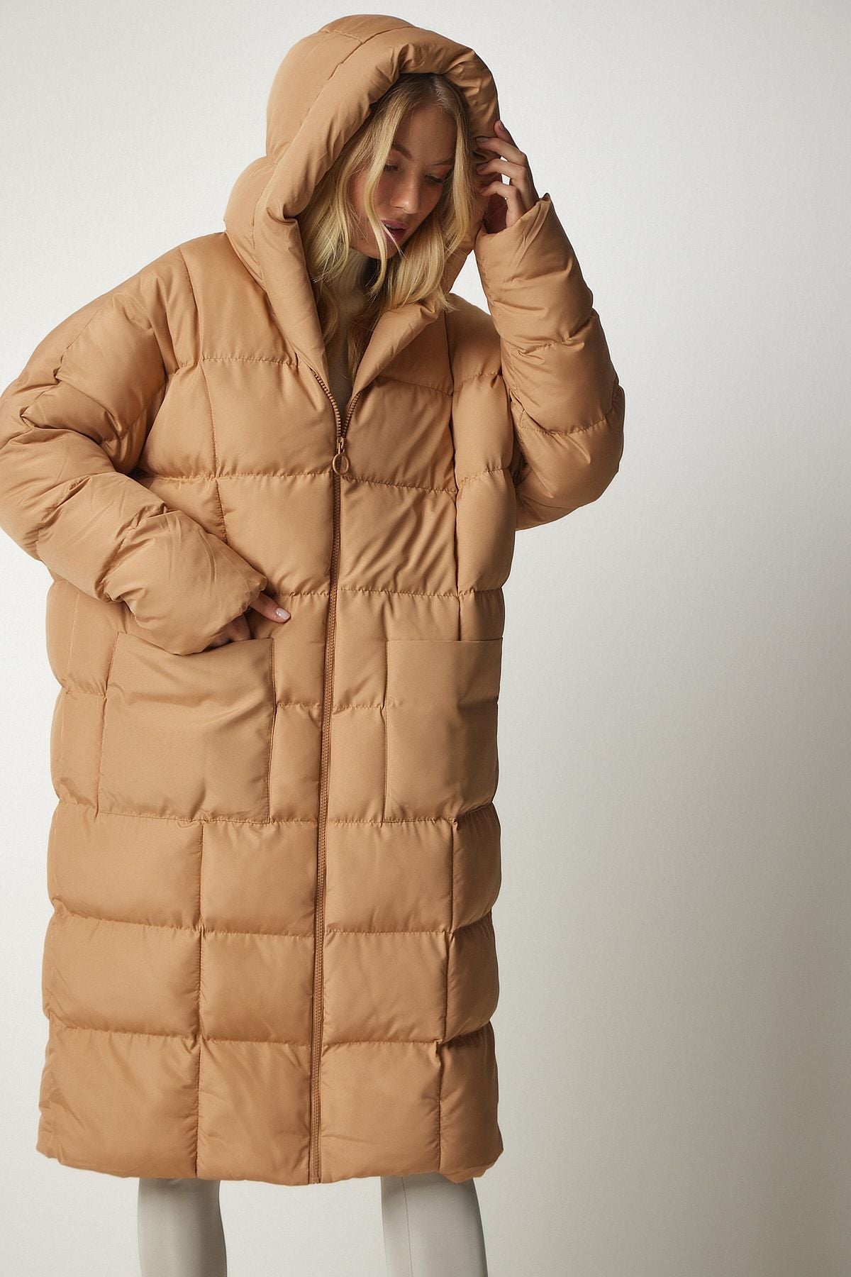 Female Biscuit Hopeding Oversize Long Swelling Coat NT00428