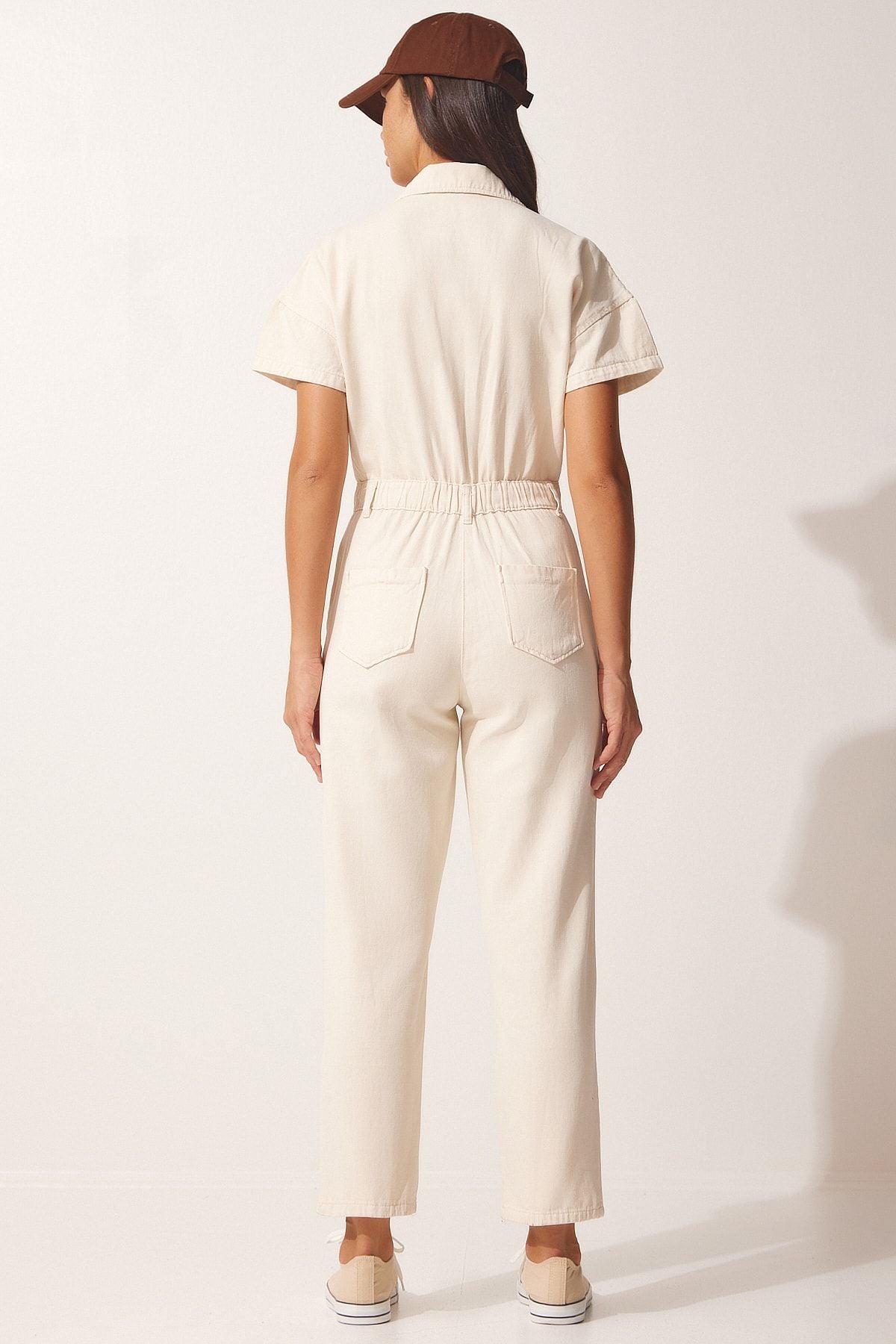 Women's cream polo collar denim tulum wf00044