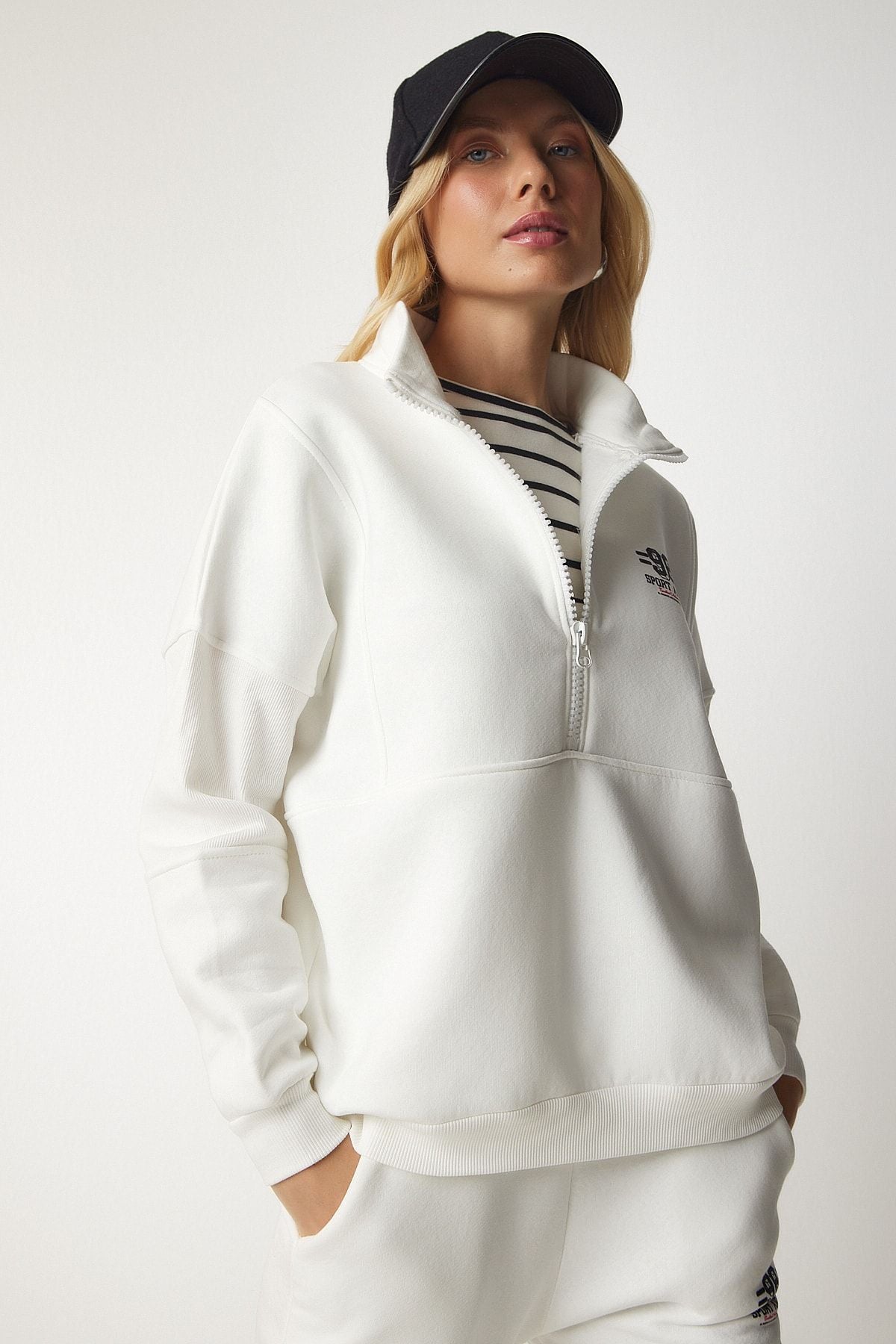 Women's white zipper collar knitting tracksuit team CR00416
