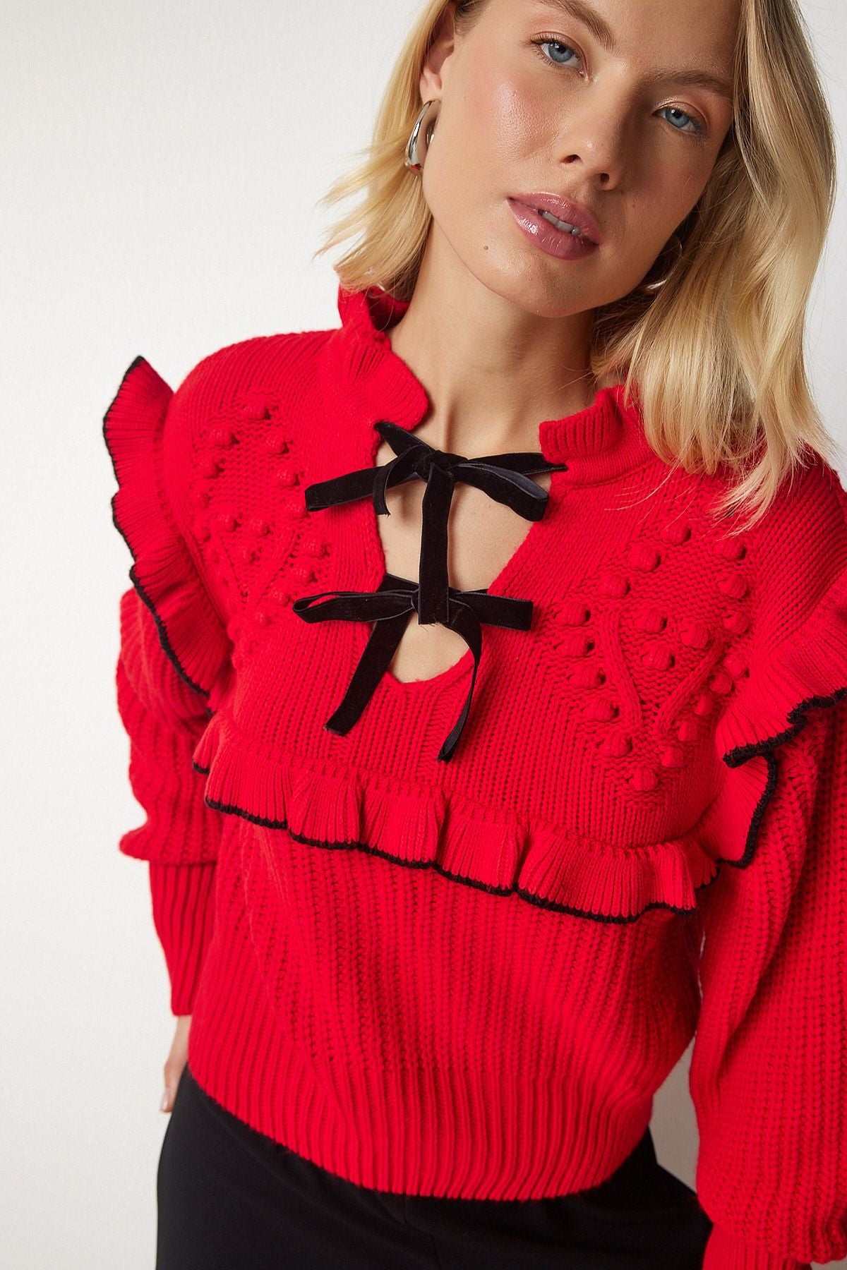 Woman Red Ruffle Bow Bow Triko Sweater MT00112