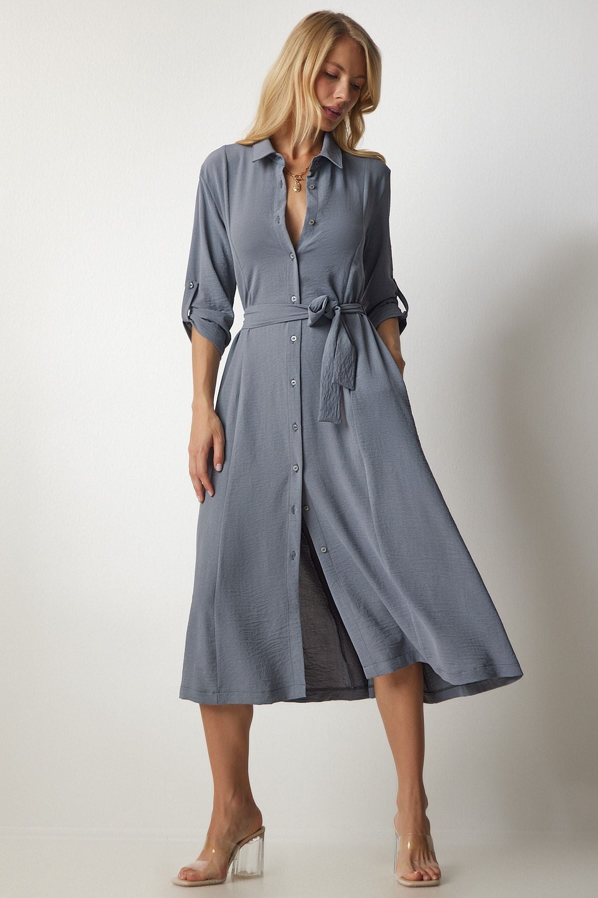 Women's Gray Belt Shirt Dress DD01256