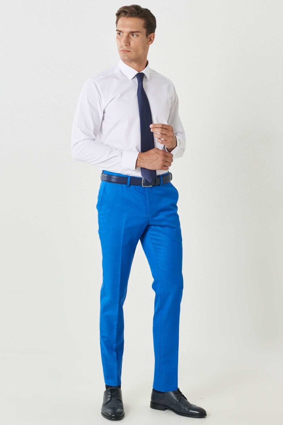Men's Saks Blue Wool Extra Slim Fit Narn Cut Mono Yaka Pick Patter
