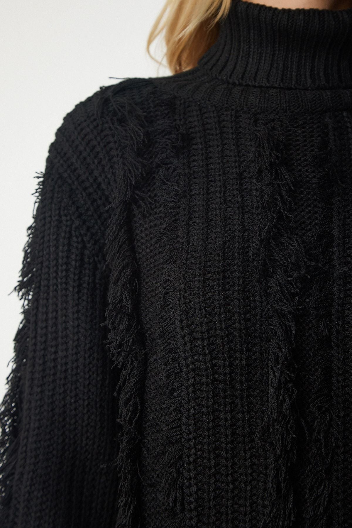 Woman Black Tassel and Torn Detailed Knitwear Kazakh Ki00099