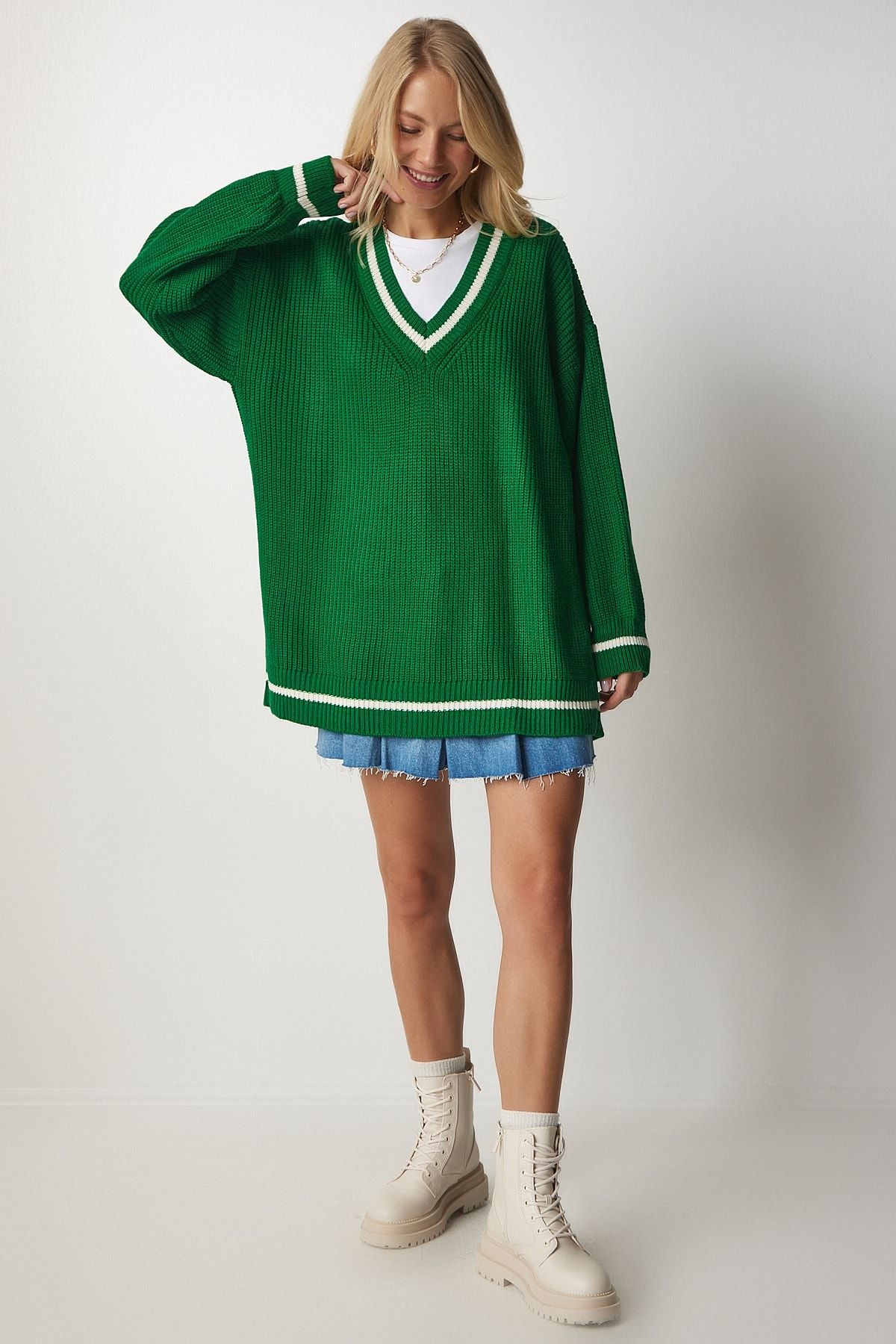 Woman Green V -Yaka Oversize Long Knitwear Sweater BP00140