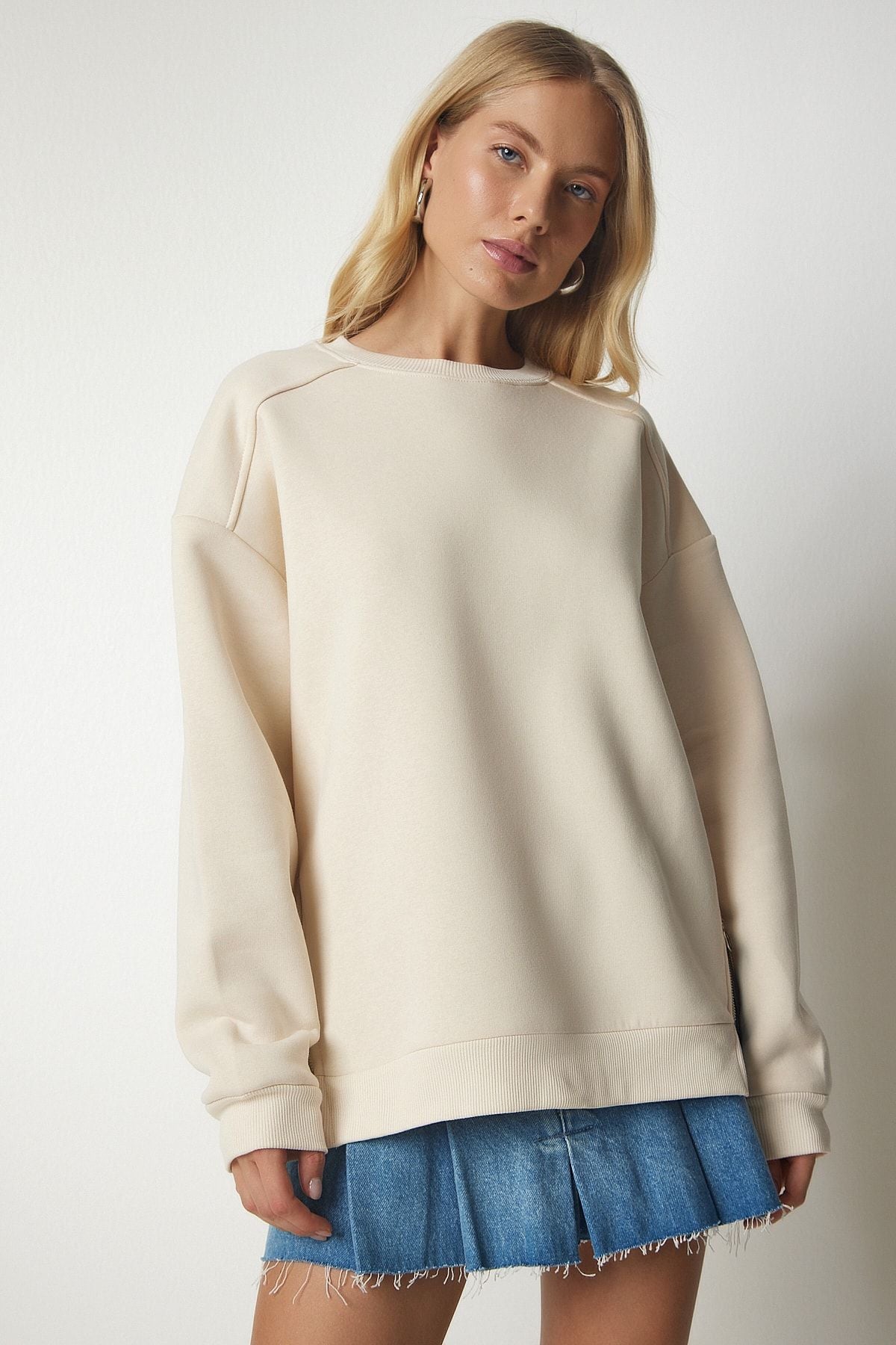 Women's Cream Zipper Detailed Reddon Knitting Sweatshirt UB00148