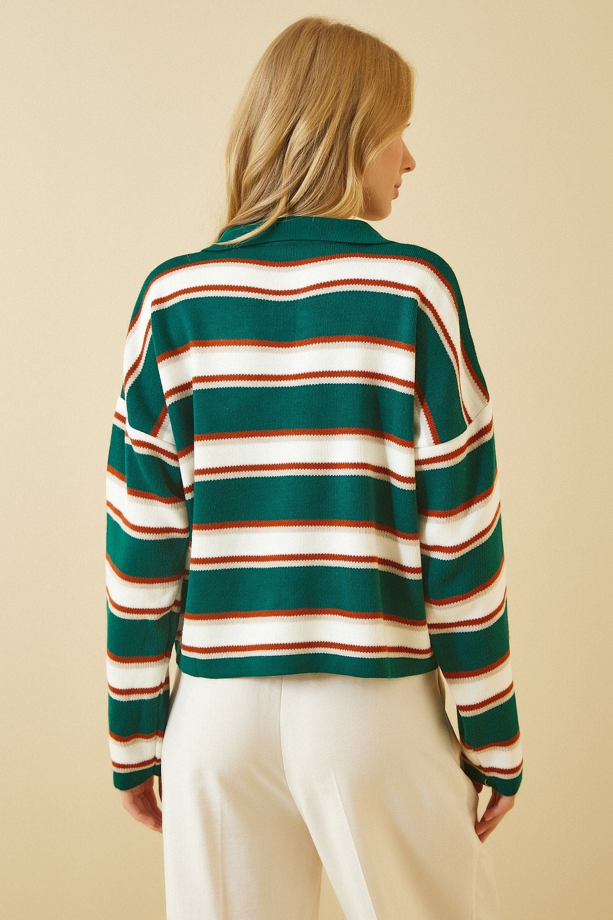 Female Green Polo Yaka striped Crop Knitwear Kazakh Ki00056