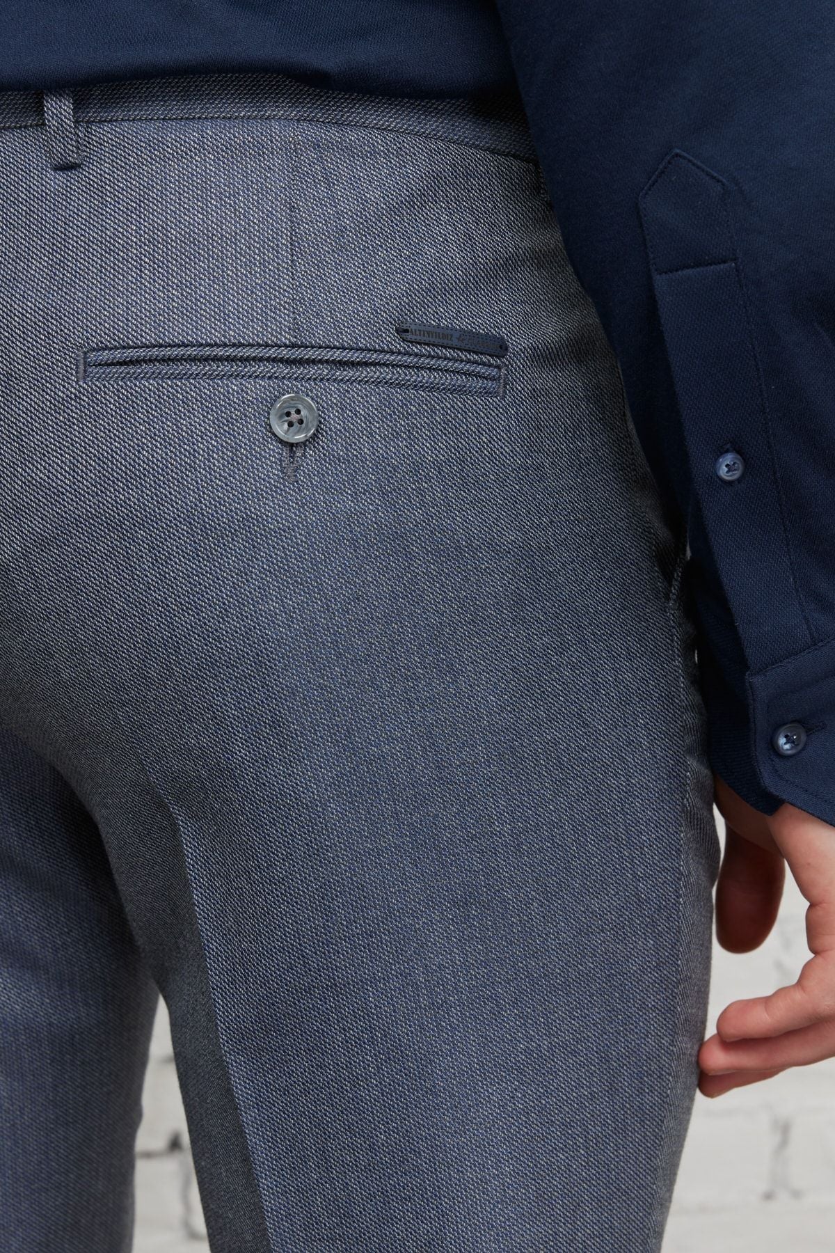 Men's navy blue-gray slim fit narrow cut patterned waist waist tire flexible pants