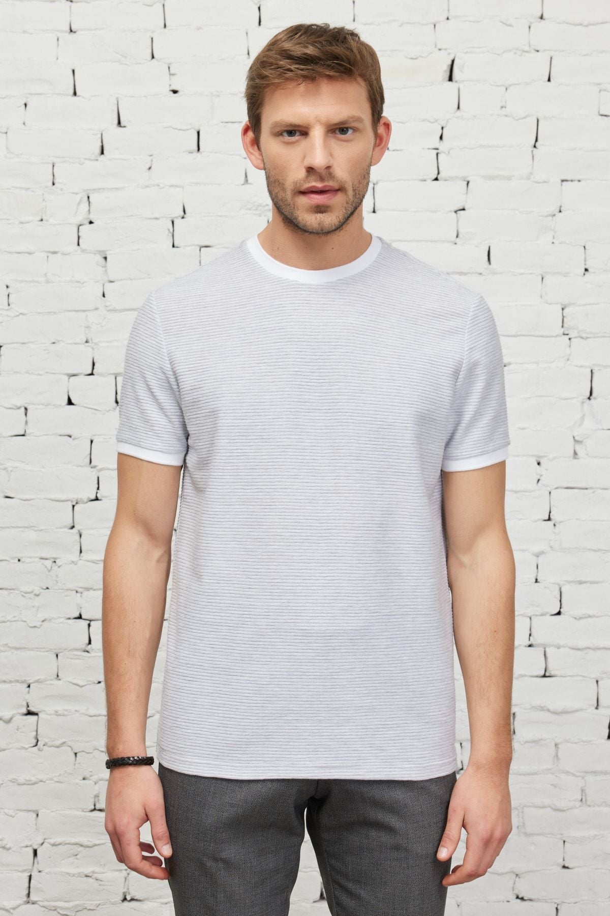 Men's White-Gri Comfort Fit Casual Cut Bike Cotton Cotton Jacquari T-shirt