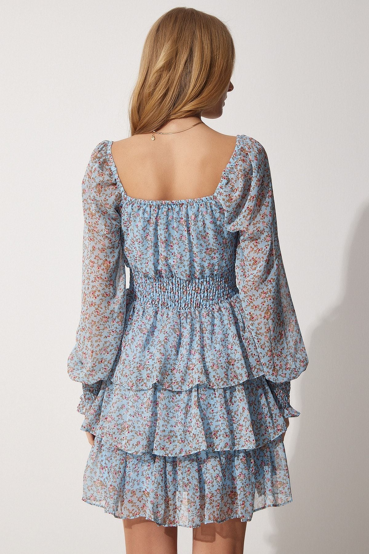 Woman Sky Blue Flower Carmen collar chiffon dress DK00146