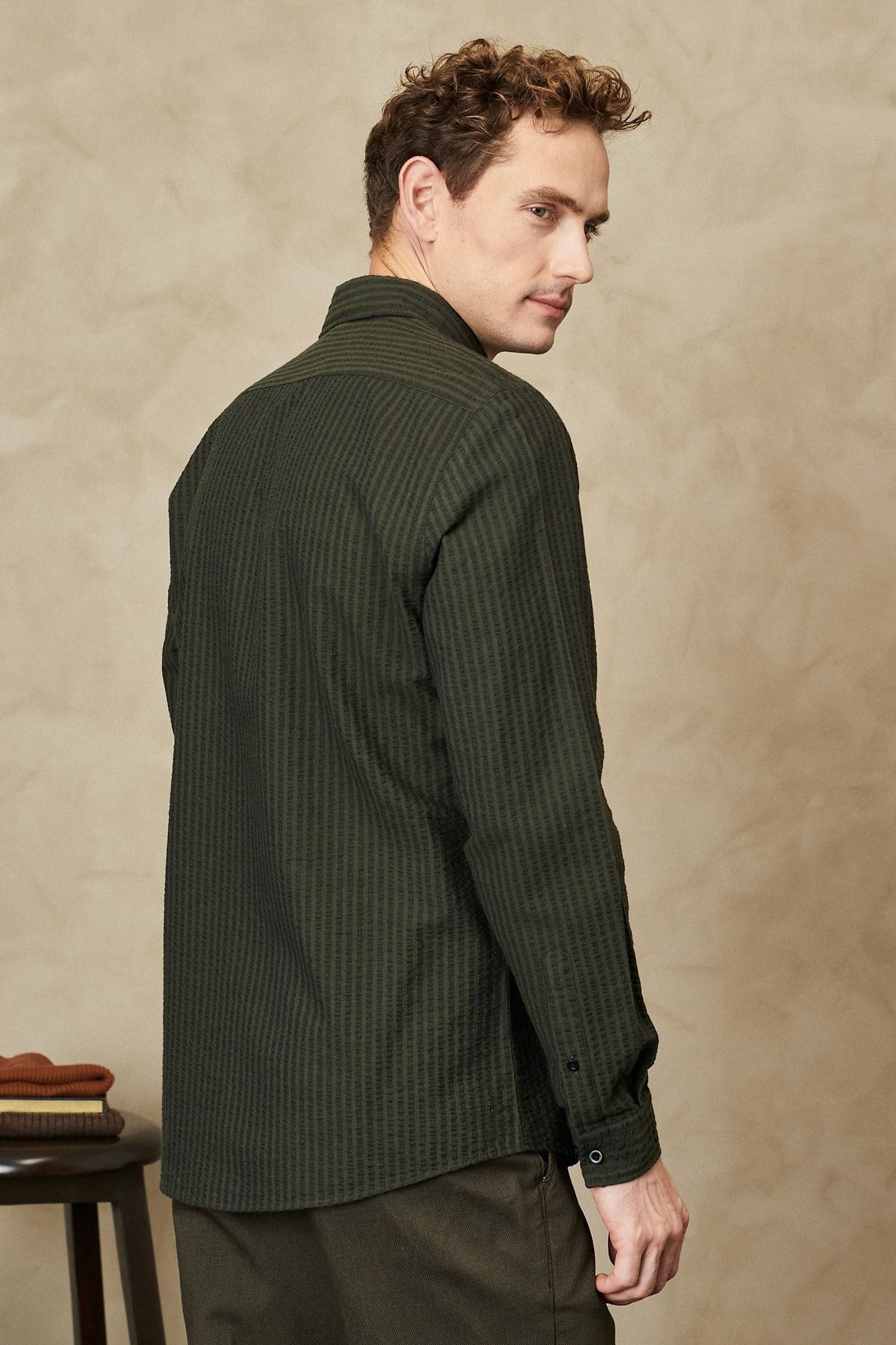 Men's Khaki Slim Fit Narrow Cutting Italian collar 100 %Cotton Wafer Shirt