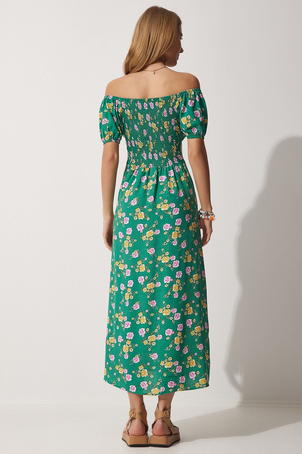 Female Green Flower Shirred Neck Summer Long Viscose Dress DK00143