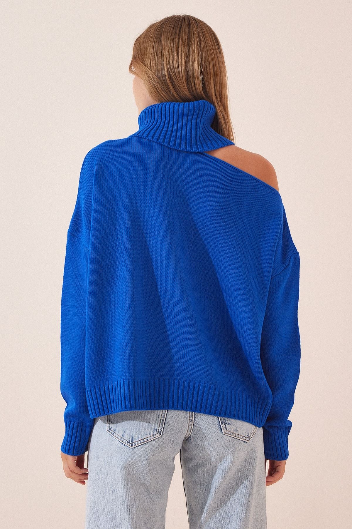 Woman Blue Cut Out Detailed Fisherman Yaka Knitwear Kazakh PN00068