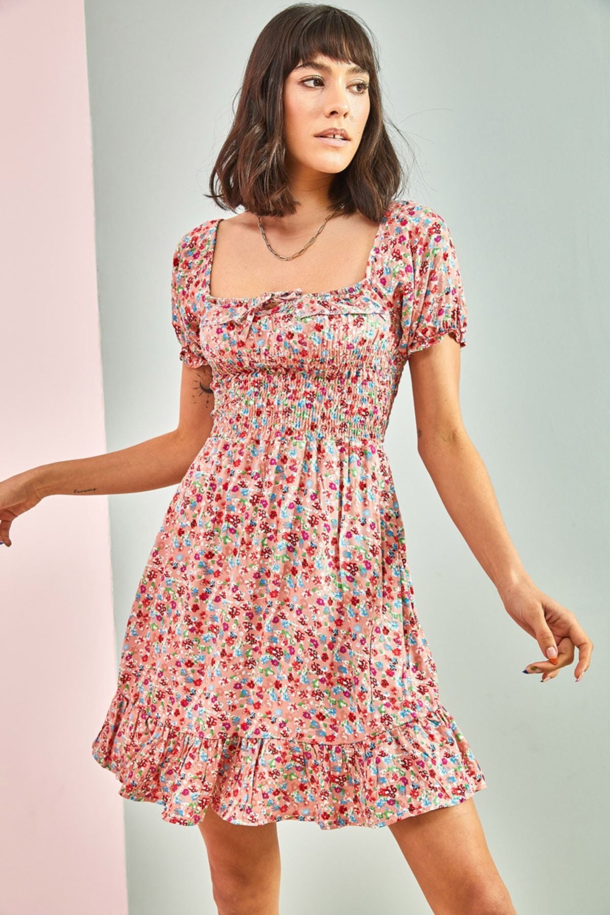 WOMEN'S GIPELİ IP -Tie Small Flower Patterned Dress