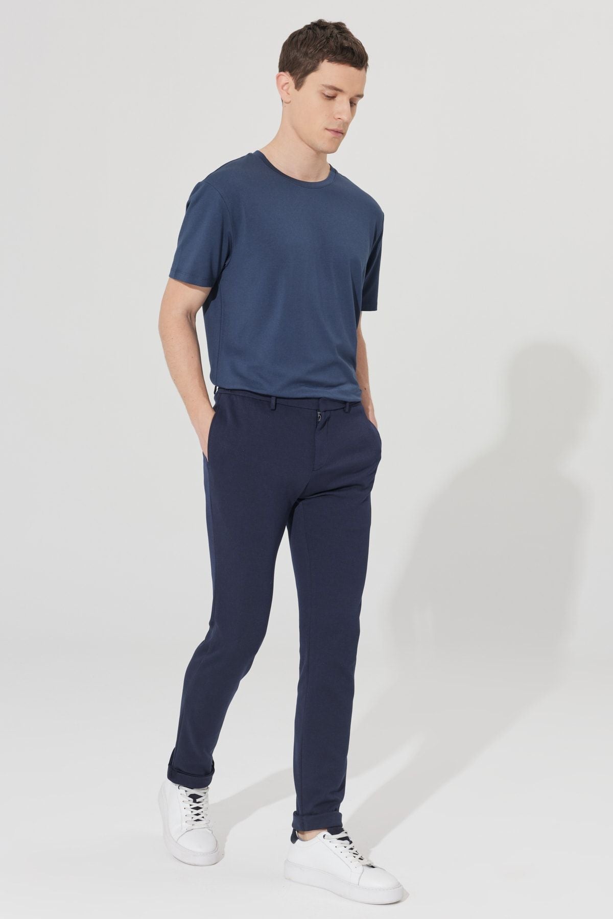Men's navy blue slim fit narrow cut diagonal patterned flexible waist tied jogger pants