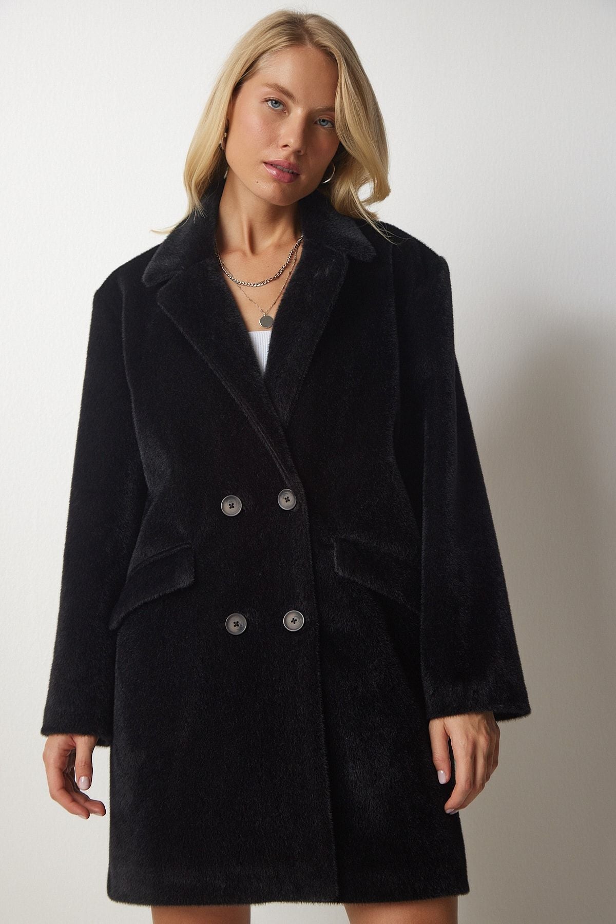 Female black rabbit feather -looking oversize coat MX00105