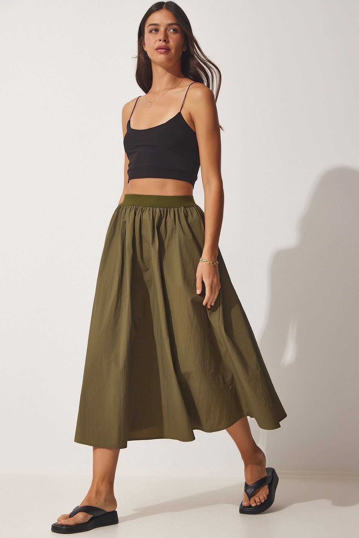 Woman Khaki Balloon Parachute Midi Skirt UL00008