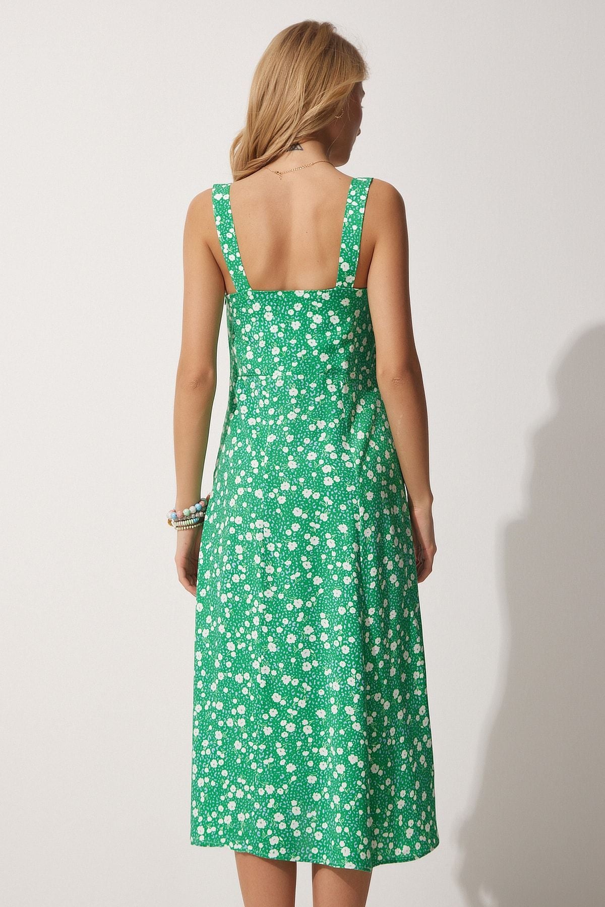 Female Green Cream Square Yaka Floral Summer Viscose Dress DD01208