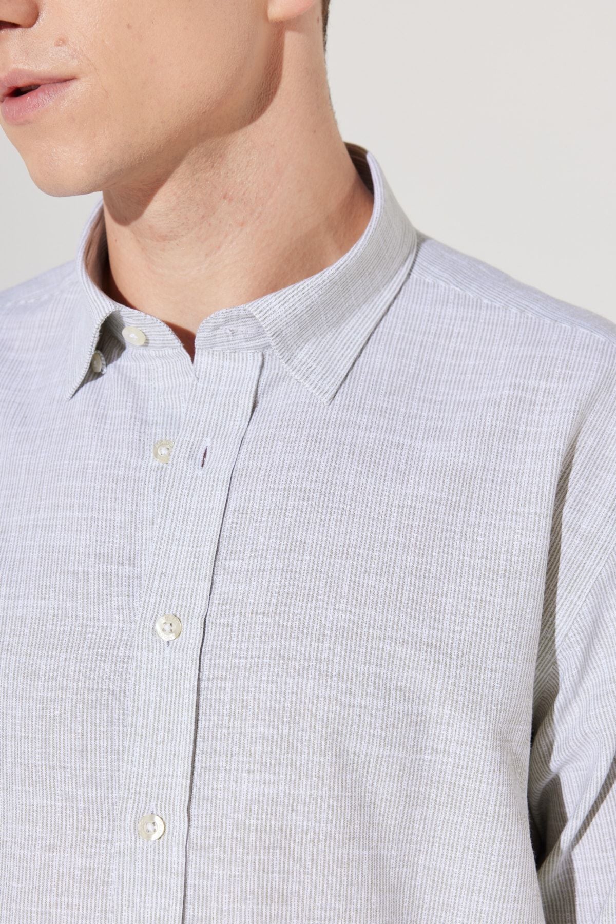 Men's Green Comfort Fit comfortable cut hidden buttoned collar 100 %cotton striped shirt