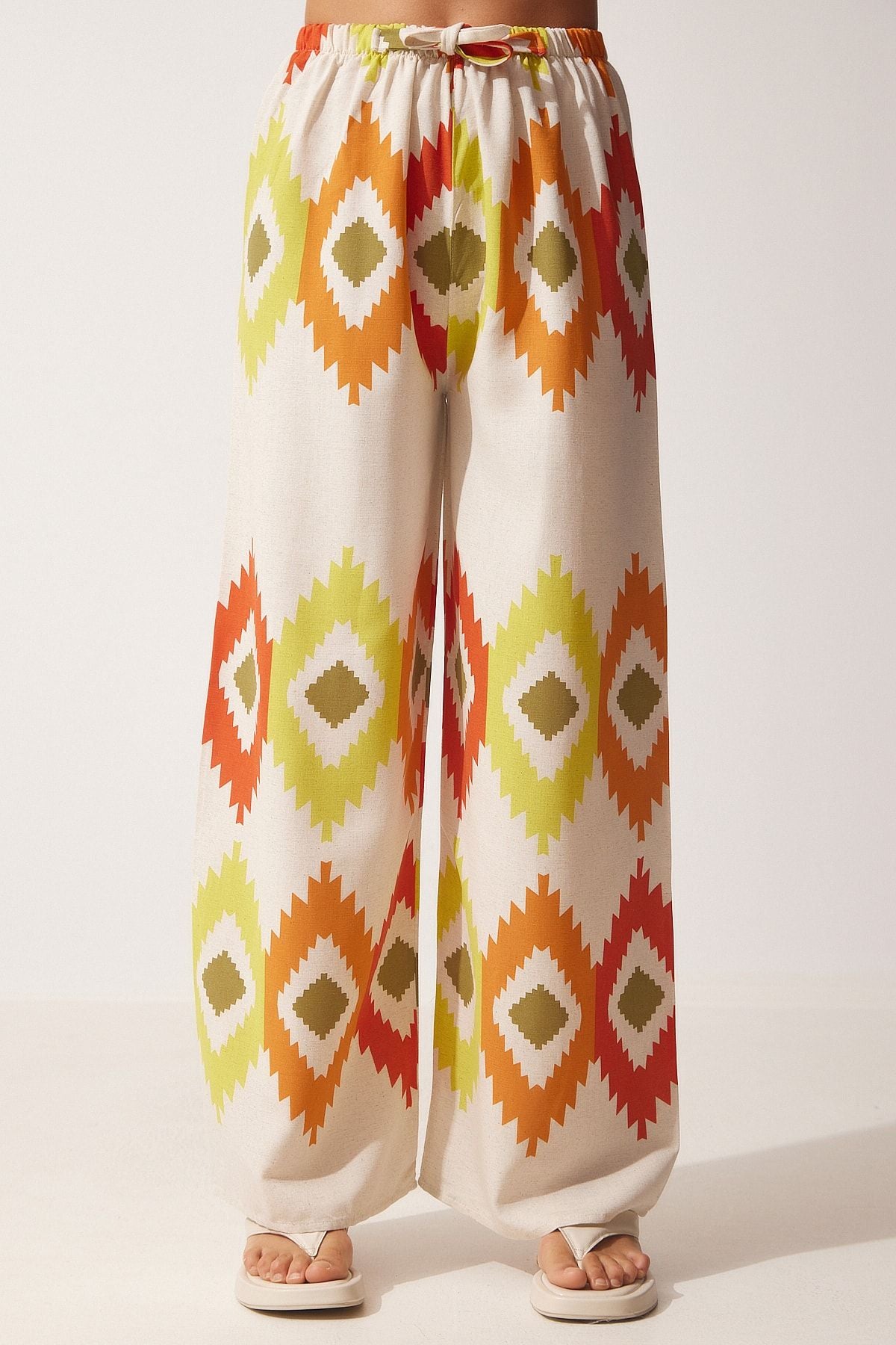 Woman Yellow Cream Flower Linen Palazzo Pants BH00385