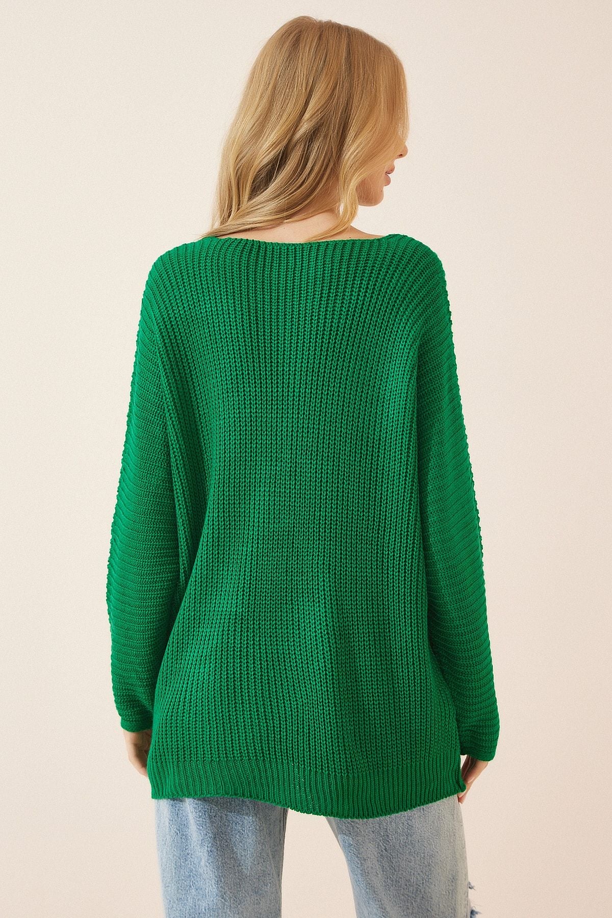 WOMEN'S GREEN V -YAKA SALIANIC KNITTING OVERSIZE knitwear sweater za00059
