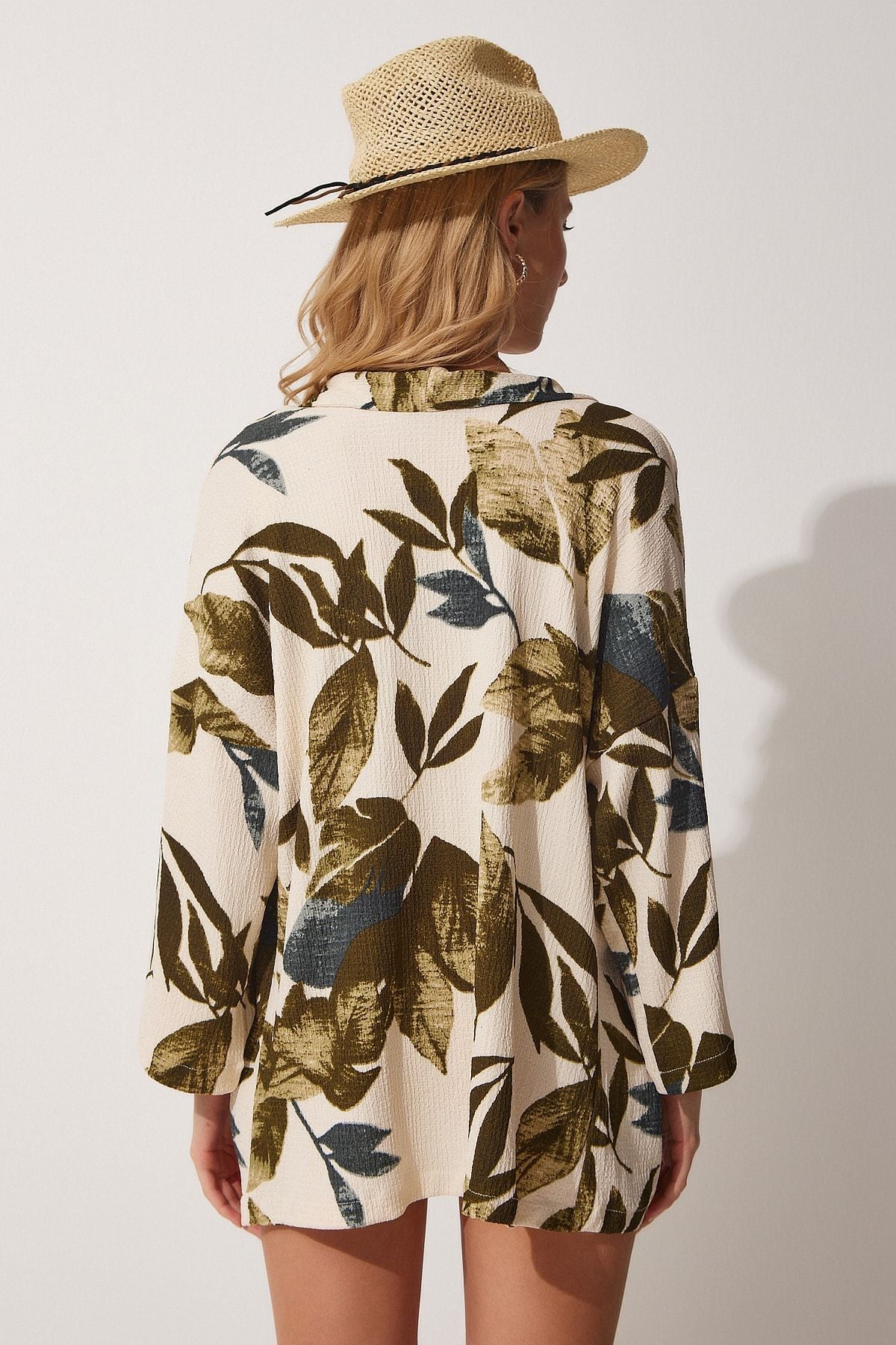 Women's Green Cream Patterned Long Krinkil Viscose Summer Kimono DD01204