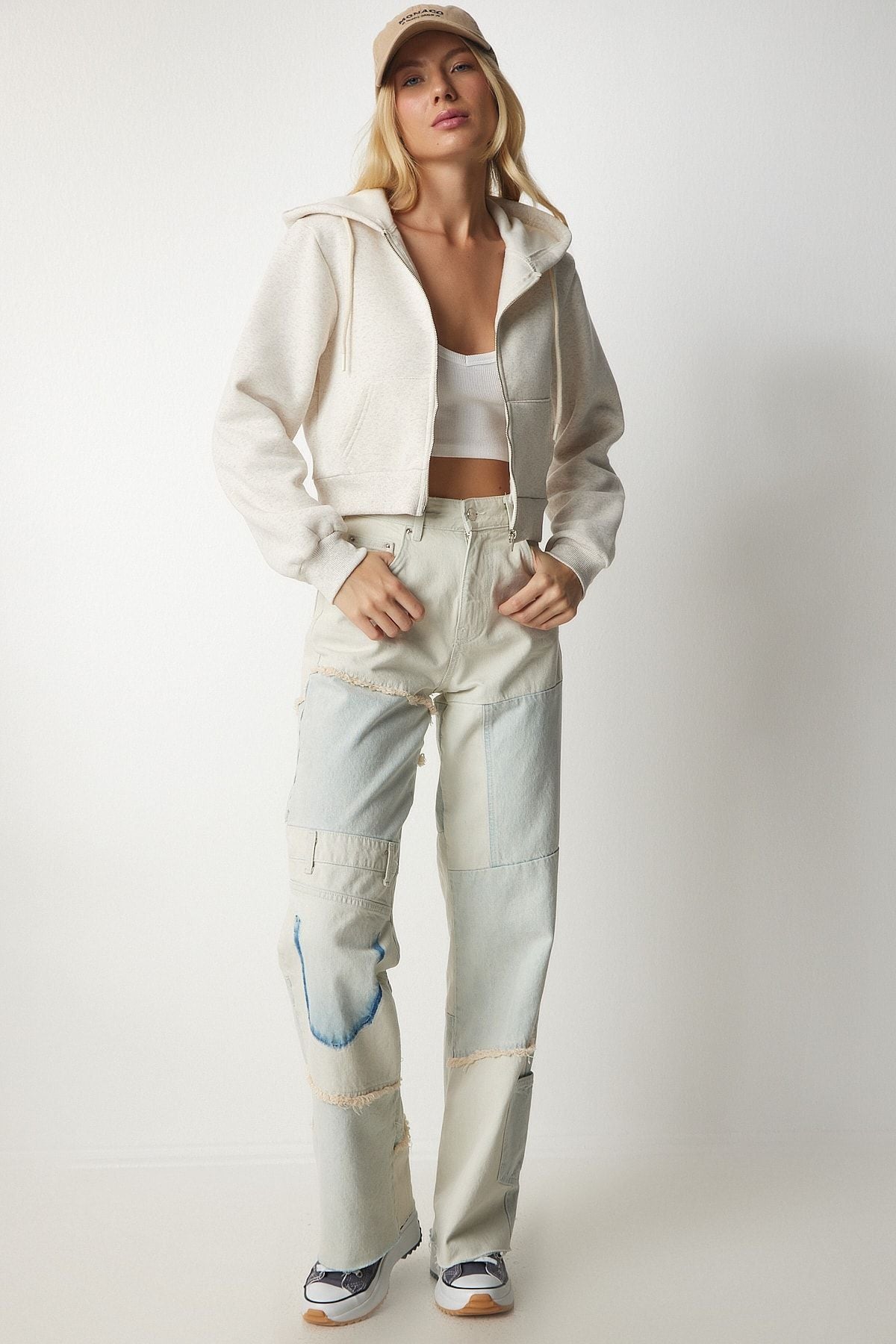 Female Beige Hooded Zipper Crop Sweatshirt UB00136