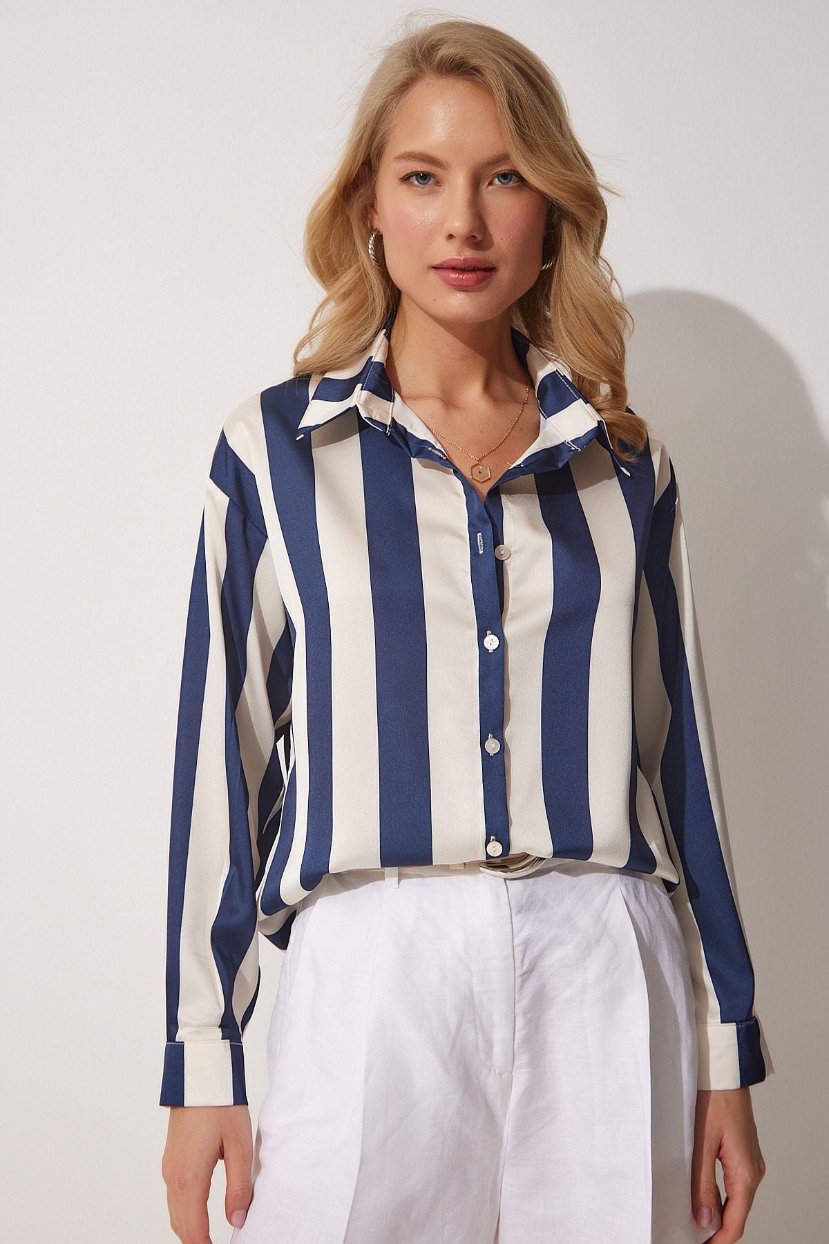 Woman Navy blue cream striped satin shirt DD01206