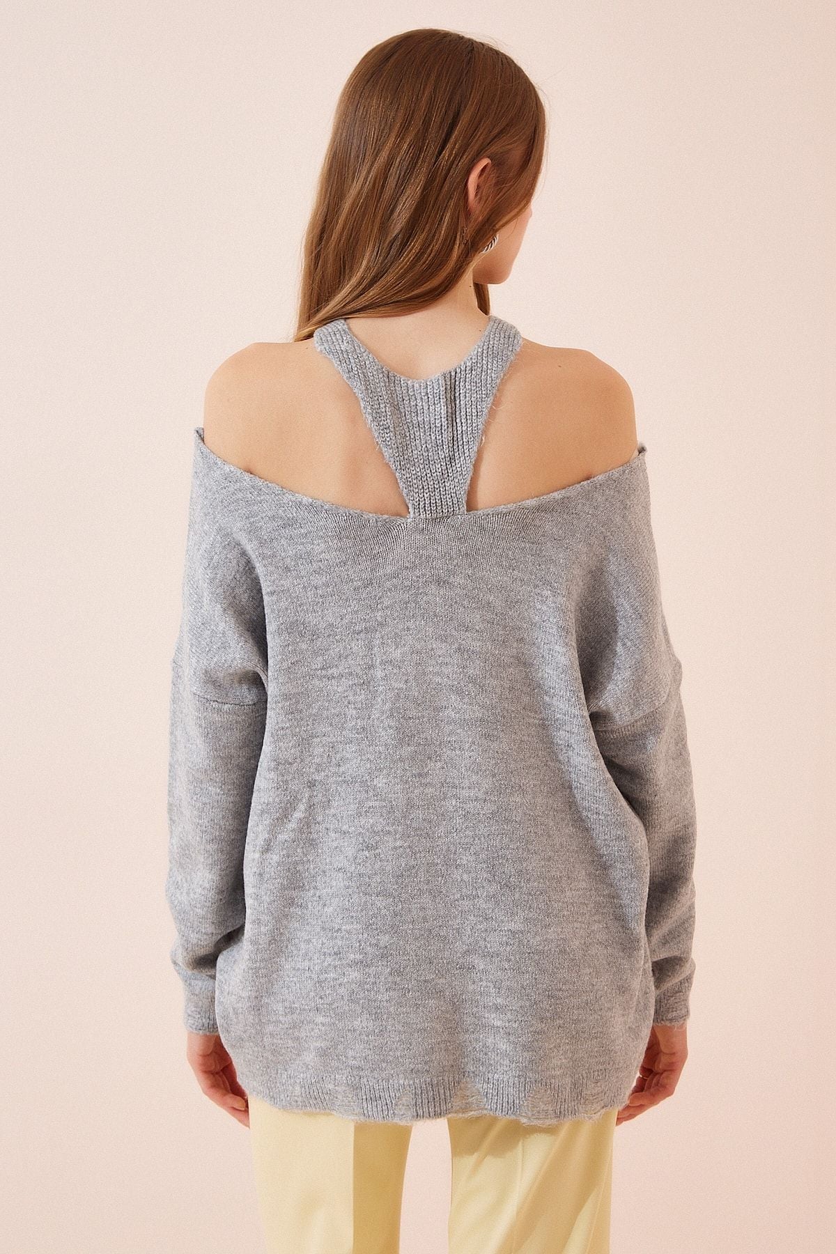 Women's Gray Shoulder Décollette Knitwear Cossack NS00369