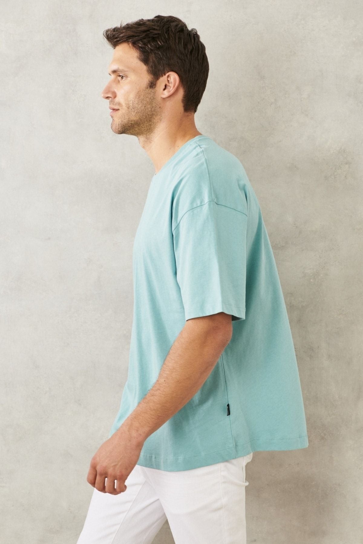 Men's Petroleum Oversize plenty of cut bike collar 100 %cotton T -shirt