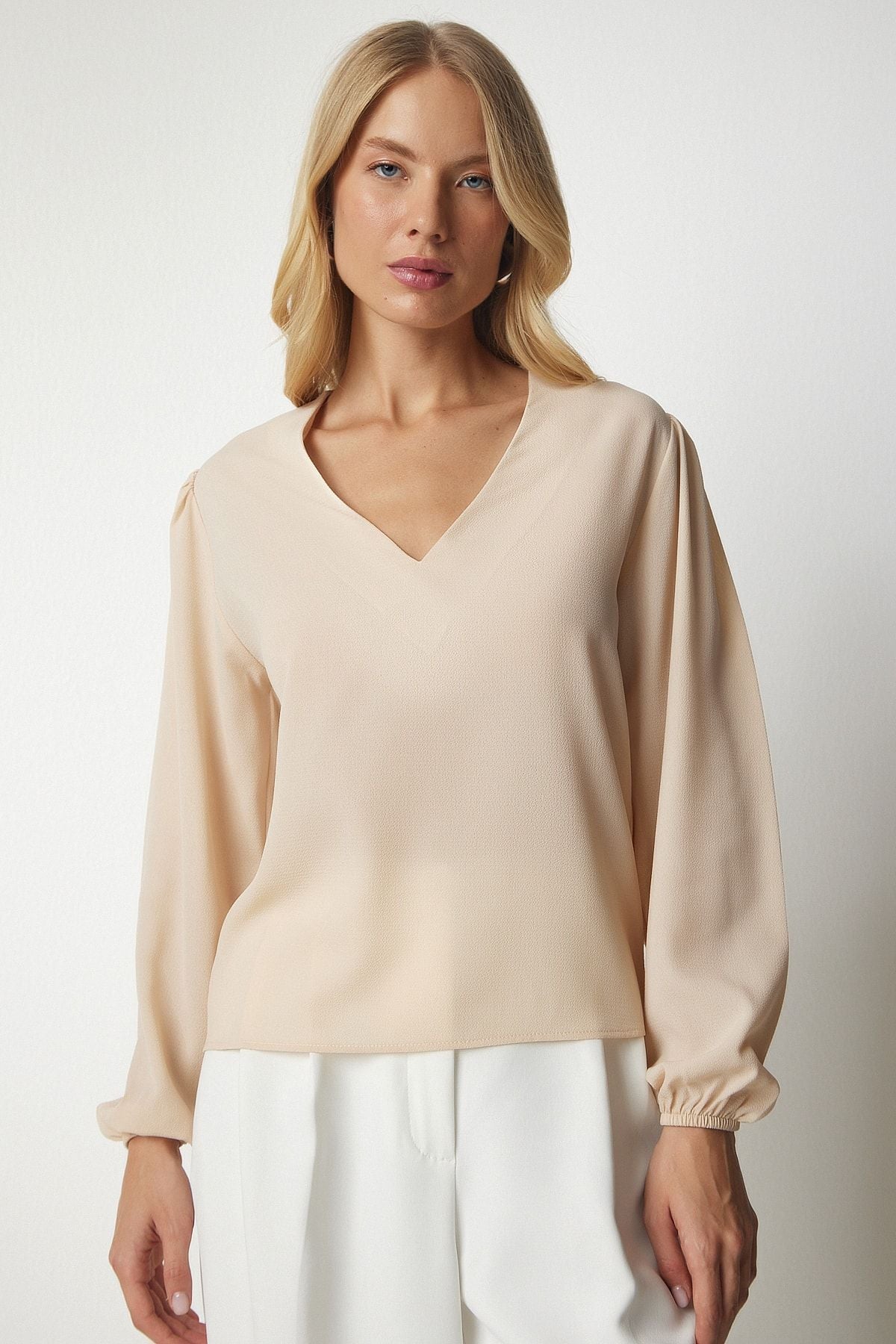 Female Beige V -Neck Crepe Blouse UB00153