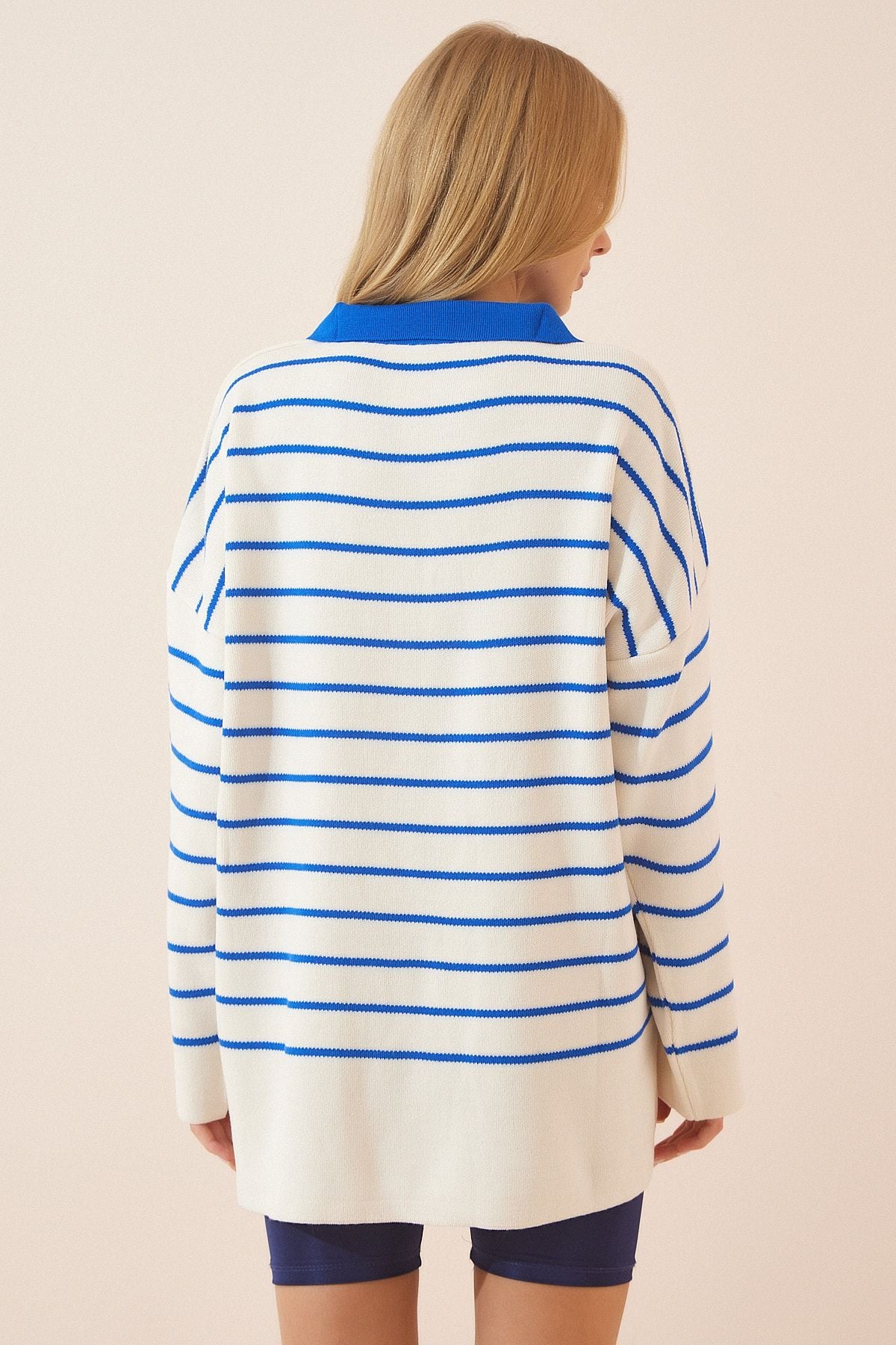 Woman White Blue Polo Yaka Striped Oversize Triko YY00086
