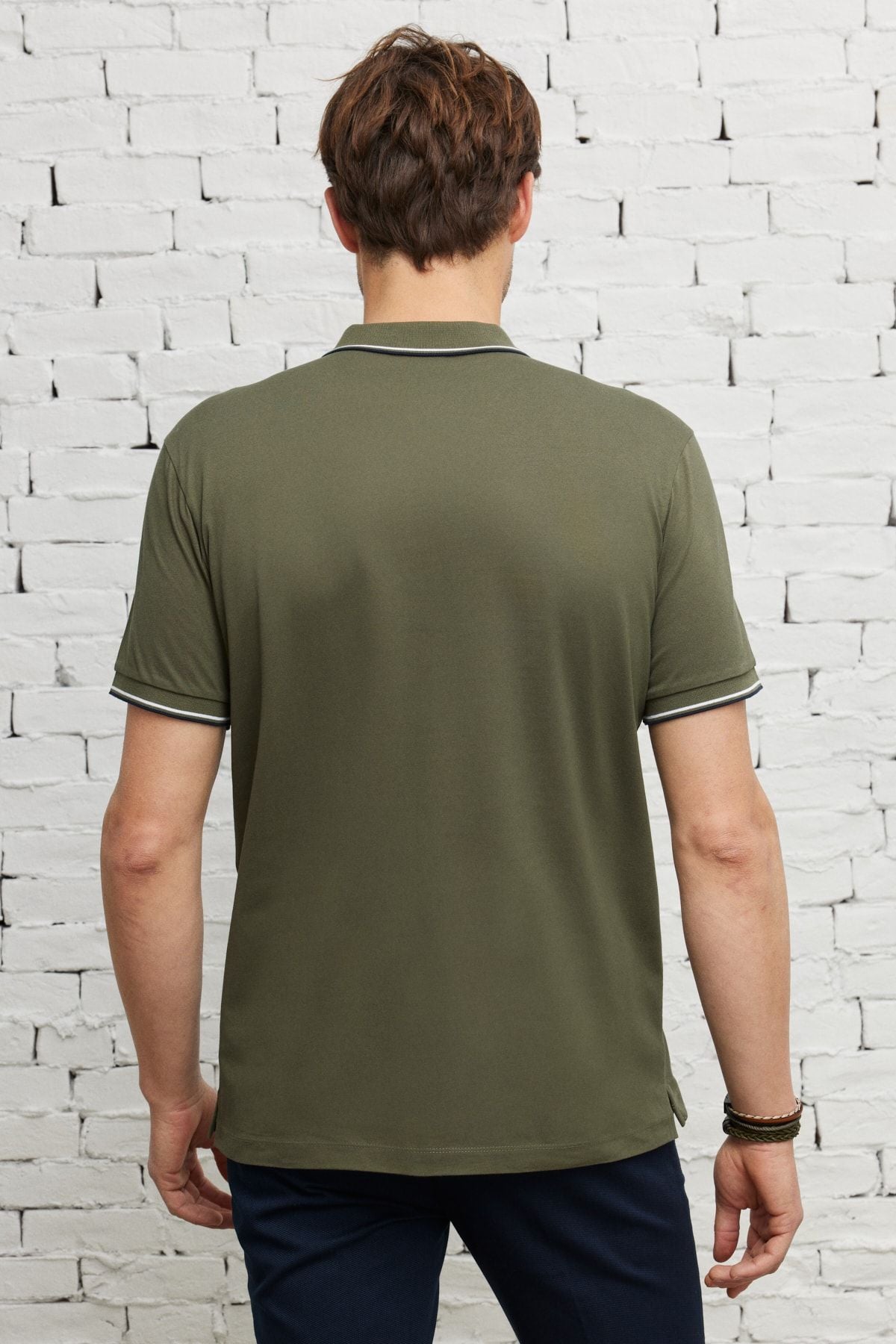 Men's Khaki Slim Fit Narrow Cut Polo Yaka Cotton Short Sleeve T -shirt