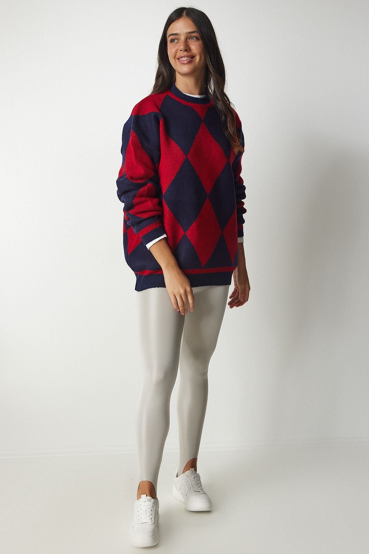 Woman Red Baklava Patterned Oversize Knitwear Kazakh YY00161
