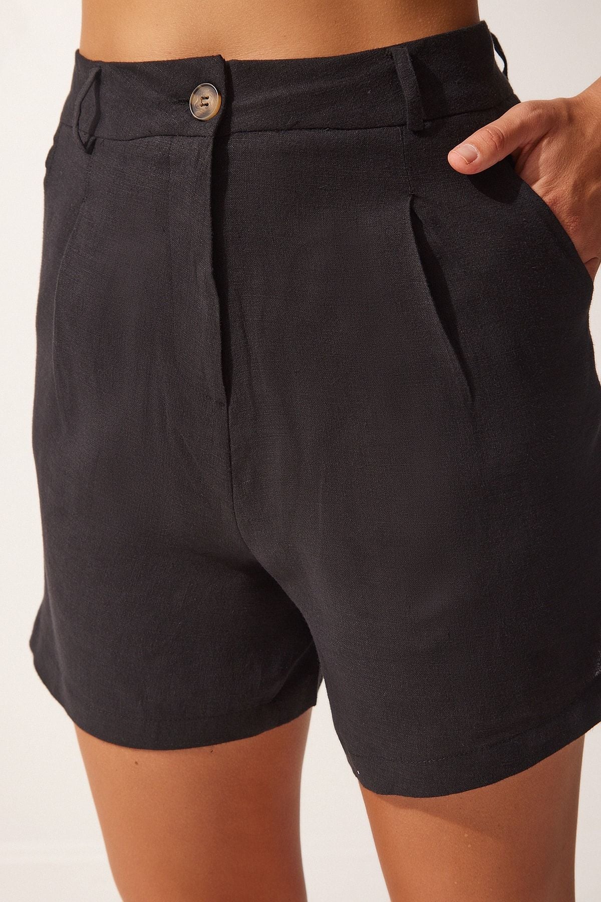 Woman Black Linen Surface Vest Shorts Set WF00043
