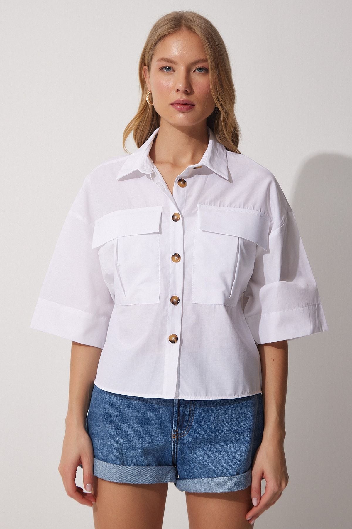 Women's White Pocket Short Poplin Shirt MX00042