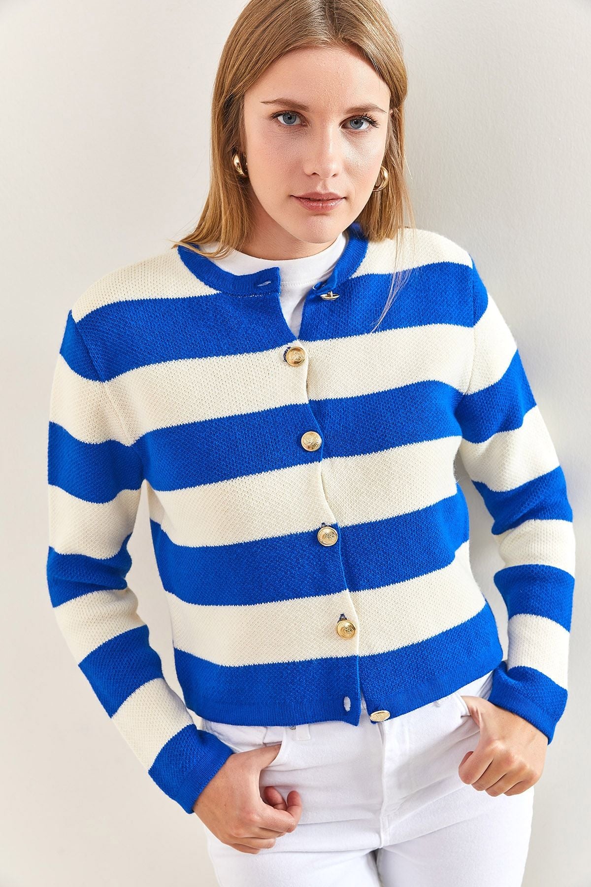 Women's metal button thick striped knitwear cardigan