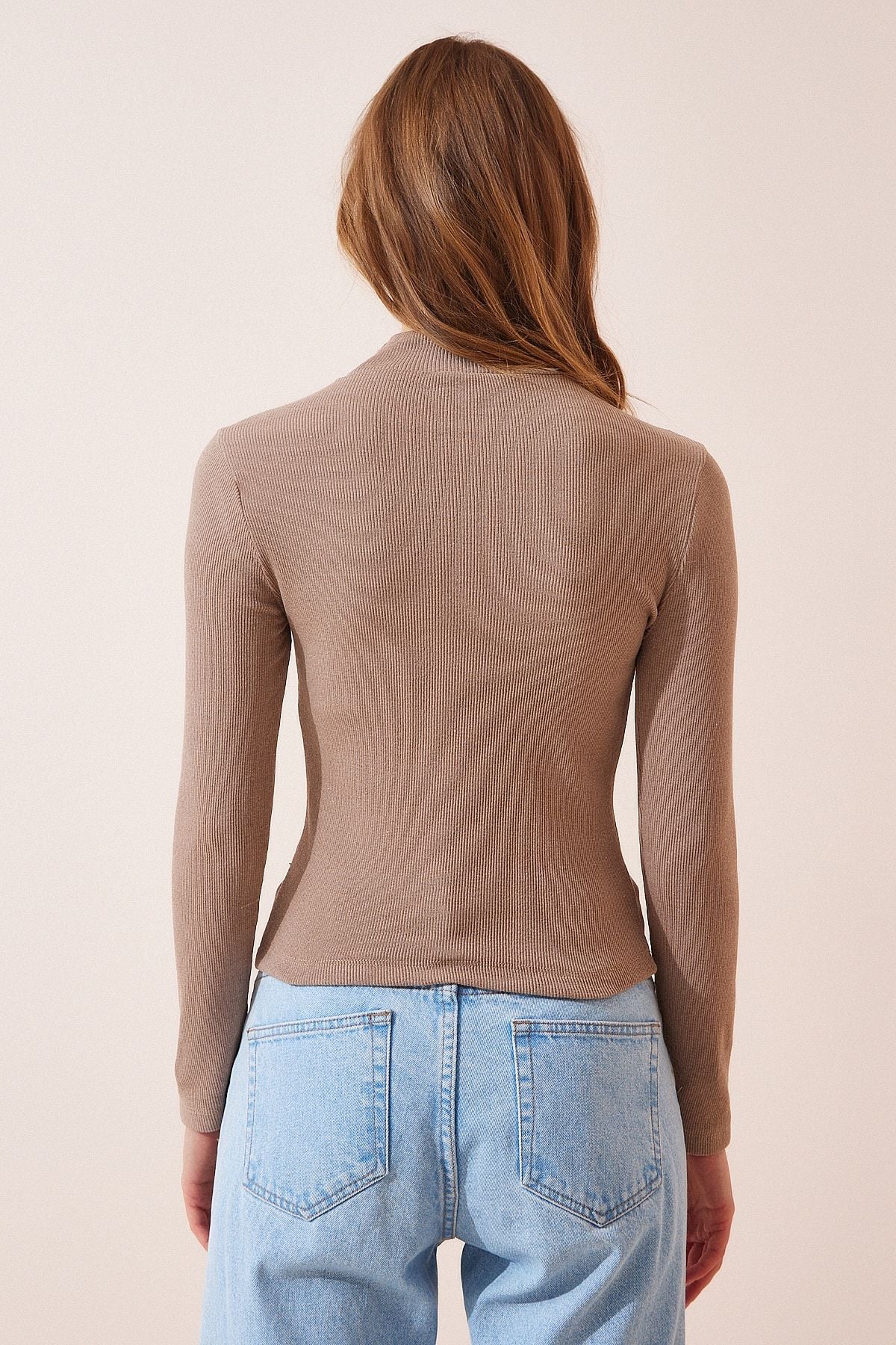 Kadın Bej Balıkçı Yaka Fitilli Örme Bluz GT00054