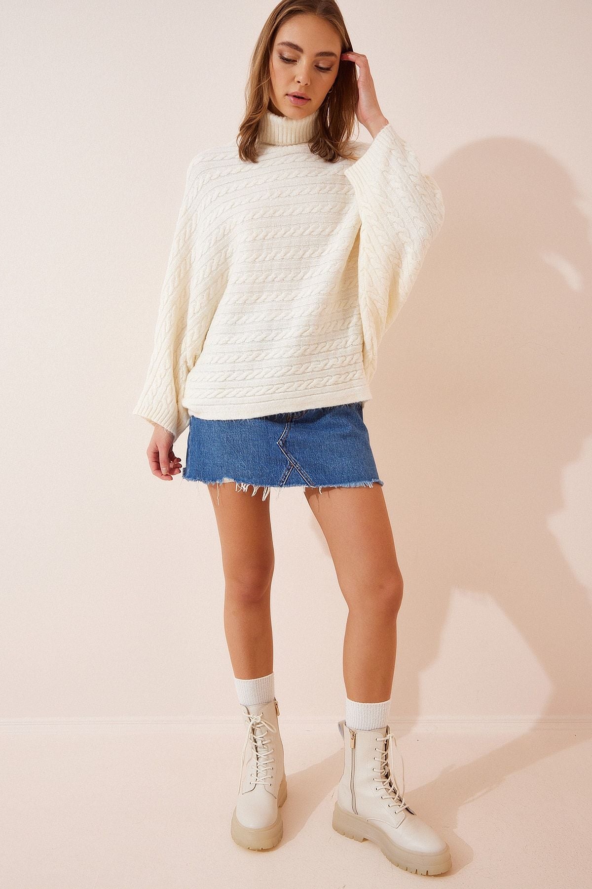 Female Bone Fisherman Neck Oversiz Pancho Knitwear Sweater US00873